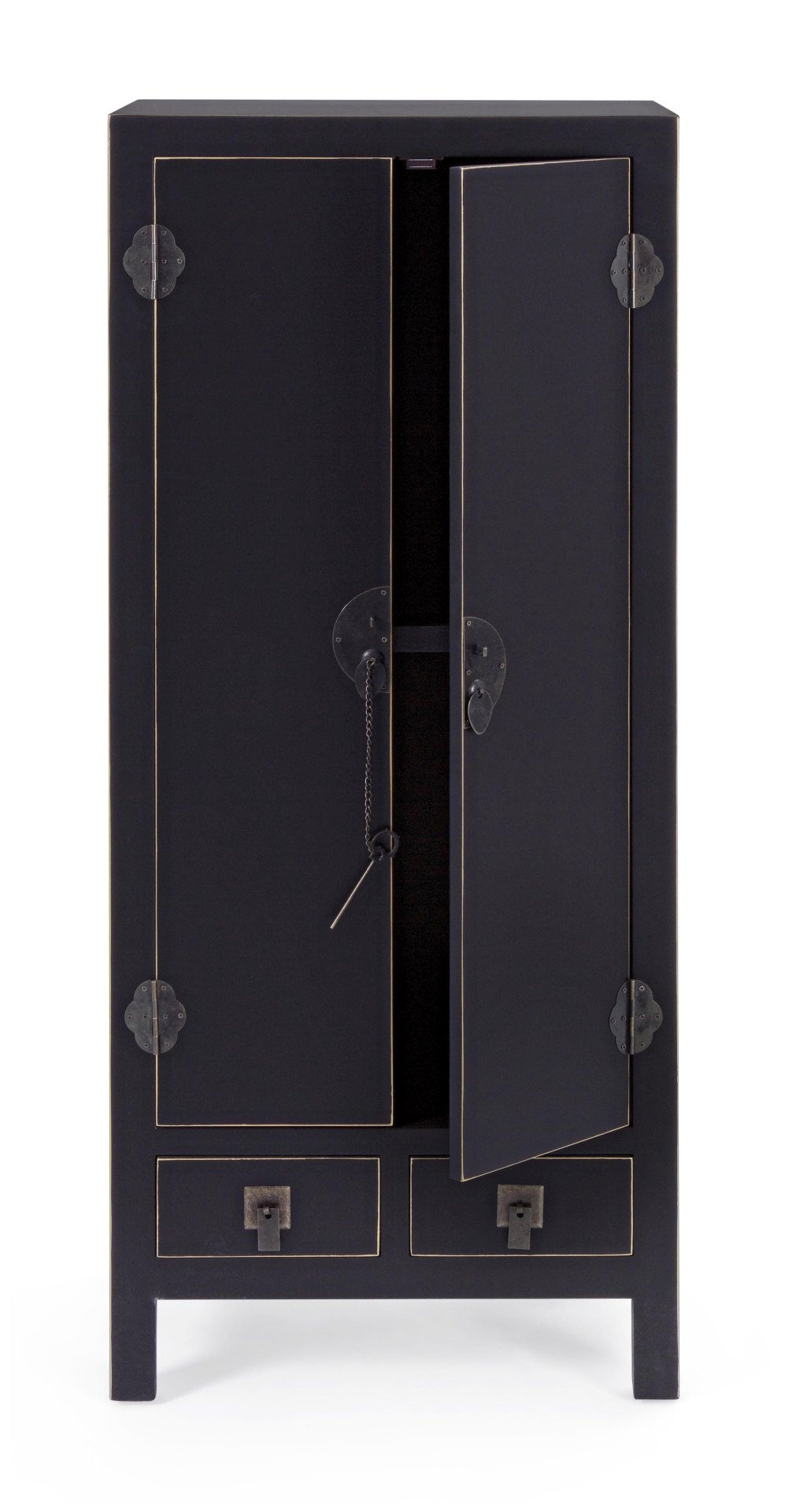 Die Kommode Pechino überzeugt mit ihrem klassischen Design. Gefertigt wurde sie aus Tannen-Holz, welches einen schwarzen Farbton besitzt. Das Gestell ist auch aus Tannen-Holz. Die Kommode verfügt über zwei Türen und zwei Schubladen. Die Breite beträgt 50 