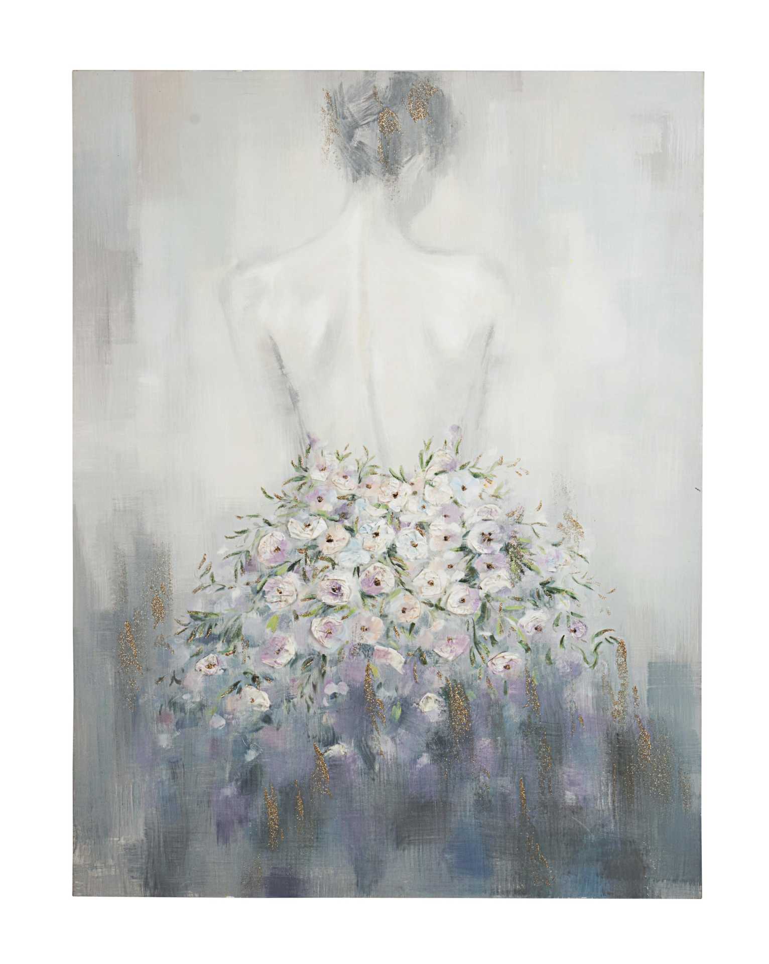 Das Bild Flower Dress überzeugt mit ihrem klassischen Design. Das Bild verfügt über einen Druck auf Leinwand. Das Gestell ist aus Kiefernholz. Die Maße sind 90x120 cm.