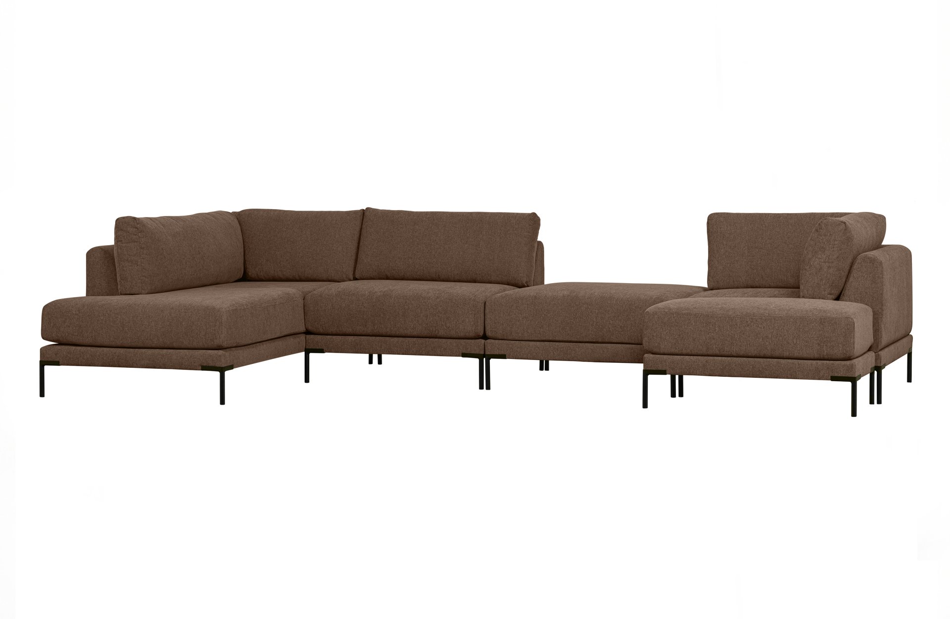 Das Modulsofa Couple Lounge überzeugt mit seinem modernen Design. Das Lounge Element mit der Ausführung Rechts wurde aus Melange Stoff gefertigt, welcher einen einen braunen Farbton besitzen. Das Gestell ist aus Metall und hat eine schwarze Farbe. Das Ele