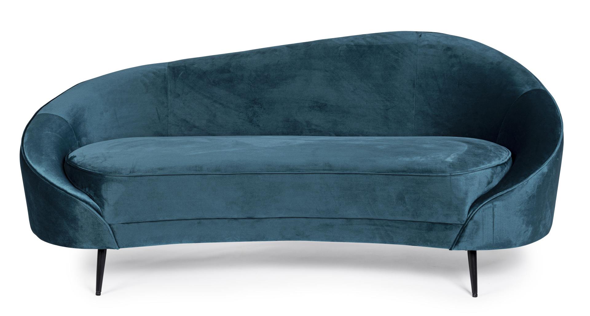 Das Sofa Seraphin überzeugt mit seinem modernen Design. Gefertigt wurde es aus Stoff in Samt-Optik, welcher einen blauen Farbton besitzt. Das Gestell ist aus Metall und hat eine schwarze Farbe. Das Sofa ist in der Ausführung als 2-Sitzer. Die Breite beträ