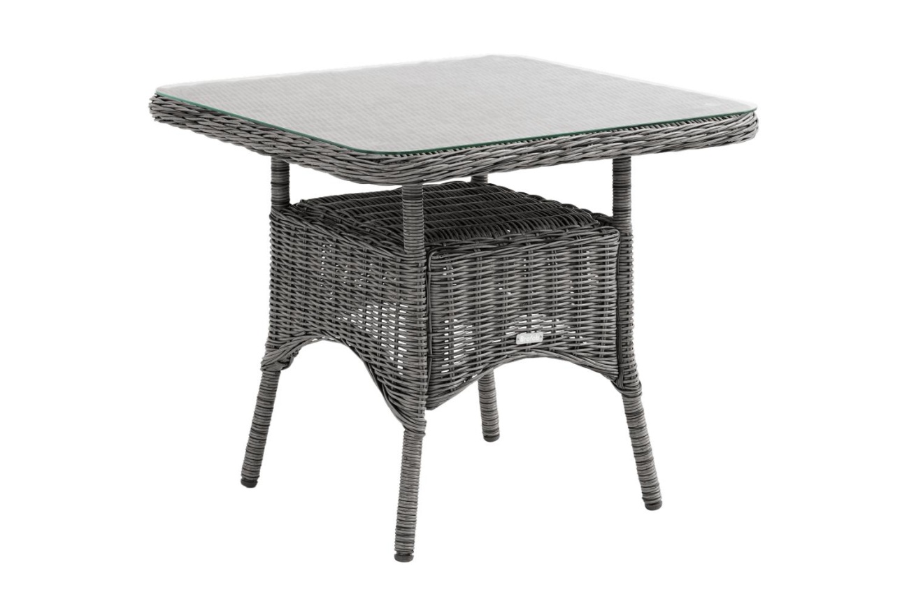 Der Gartenesstisch Rosita überzeugt mit seinem modernen Design. Gefertigt wurde die Tischplatte aus Glas. Das Gestell ist aus Rattan und hat eine graue Farbe. Der Tisch besitzt eine Länge von 80 cm.