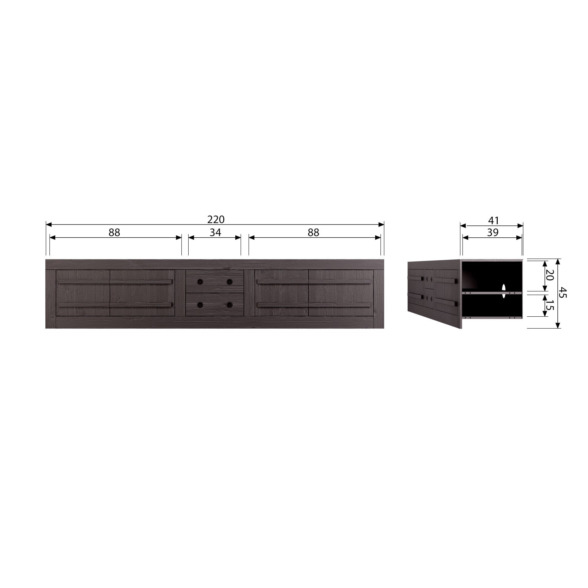 Das TV-Board Hiku überzeugt mit seinem moderndem Design. Gefertigt wurde es aus Kiefernholz, welches einen dunkelbraunen Farbton besitzt. Das TV-Board verfügt über vier Türen und zwei Schubladen. Die Breite beträgt 220 cm.