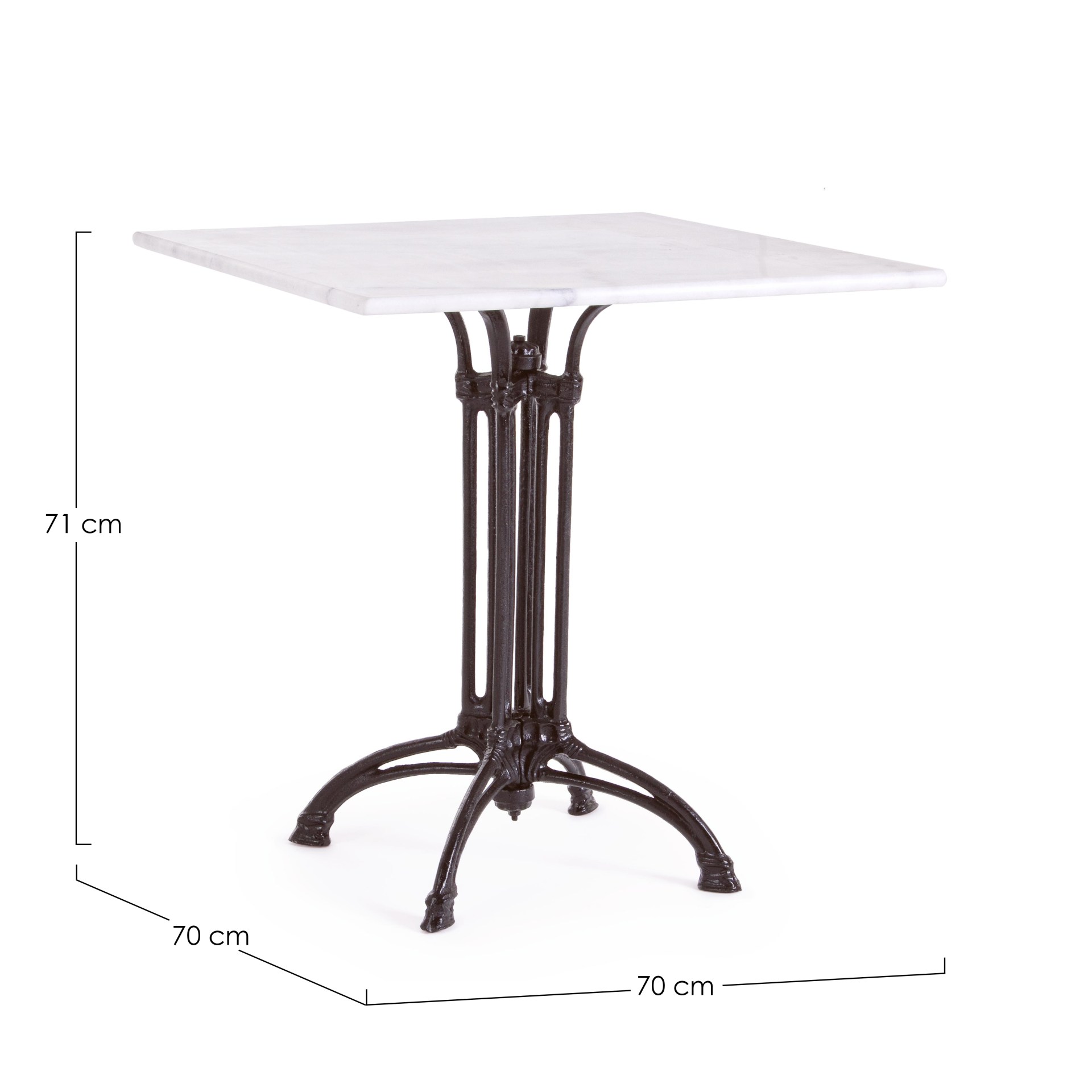 Der Esstisch Loren überzeugt mit seinem klassischem Design. Gefertigt wurde er aus Marmor, welches einen weißen Farbton besitzt. Das Gestell des Tisches ist aus Metall und besitzt eine schwarze Farbe. Der Tisch hat eine Breite von 70 cm.