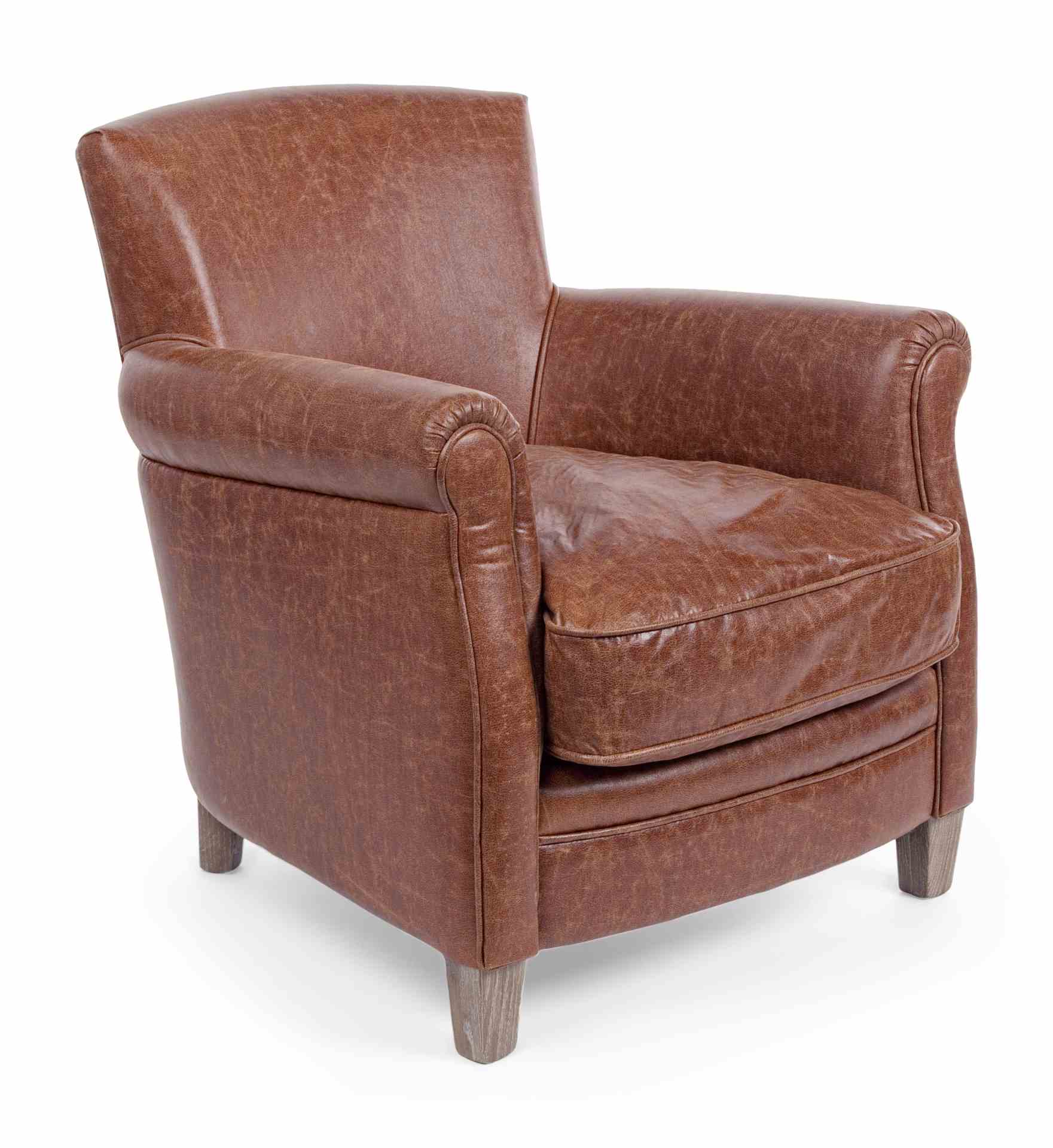Der Sessel Nebraska überzeugt mit seinem klassischen Design. Gefertigt wurde er aus Kunstleder, welches einen Cognac Farbton besitzt. Das Gestell ist aus Eichenholz und hat eine natürliche Farbe. Der Sessel besitzt eine Sitzhöhe von 47 cm. Die Breite betr