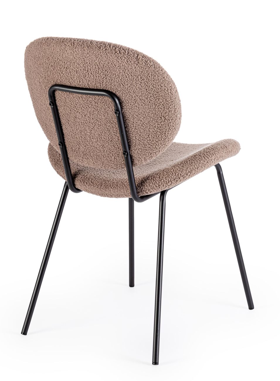 Der Esszimmerstuhl Maddie überzeugt mit seinem modernen Stil. Gefertigt wurde er aus Boucle-Stoff, welcher einen braunen Farbton besitzt. Das Gestell ist aus Metall und hat eine schwarze Farbe. Der Stuhl besitzt eine Sitzhöhe von 46 cm.