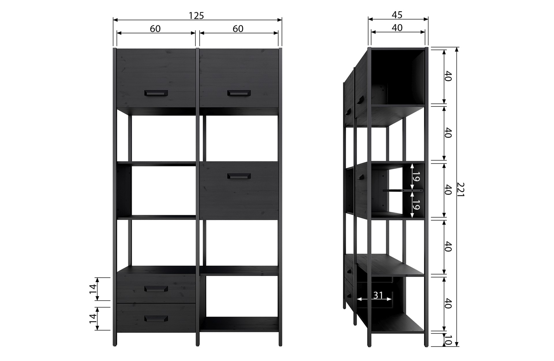 Der moderne Schrank Legacy überzeugt mit seinem besonderem Design. Gefertigt wurde er aus Metall und Holz, welche einen schwarzen Farbton besitzt. Der Schrank verfügt über drei Klappfächer, zwei Schubladen und sechs Fächern.