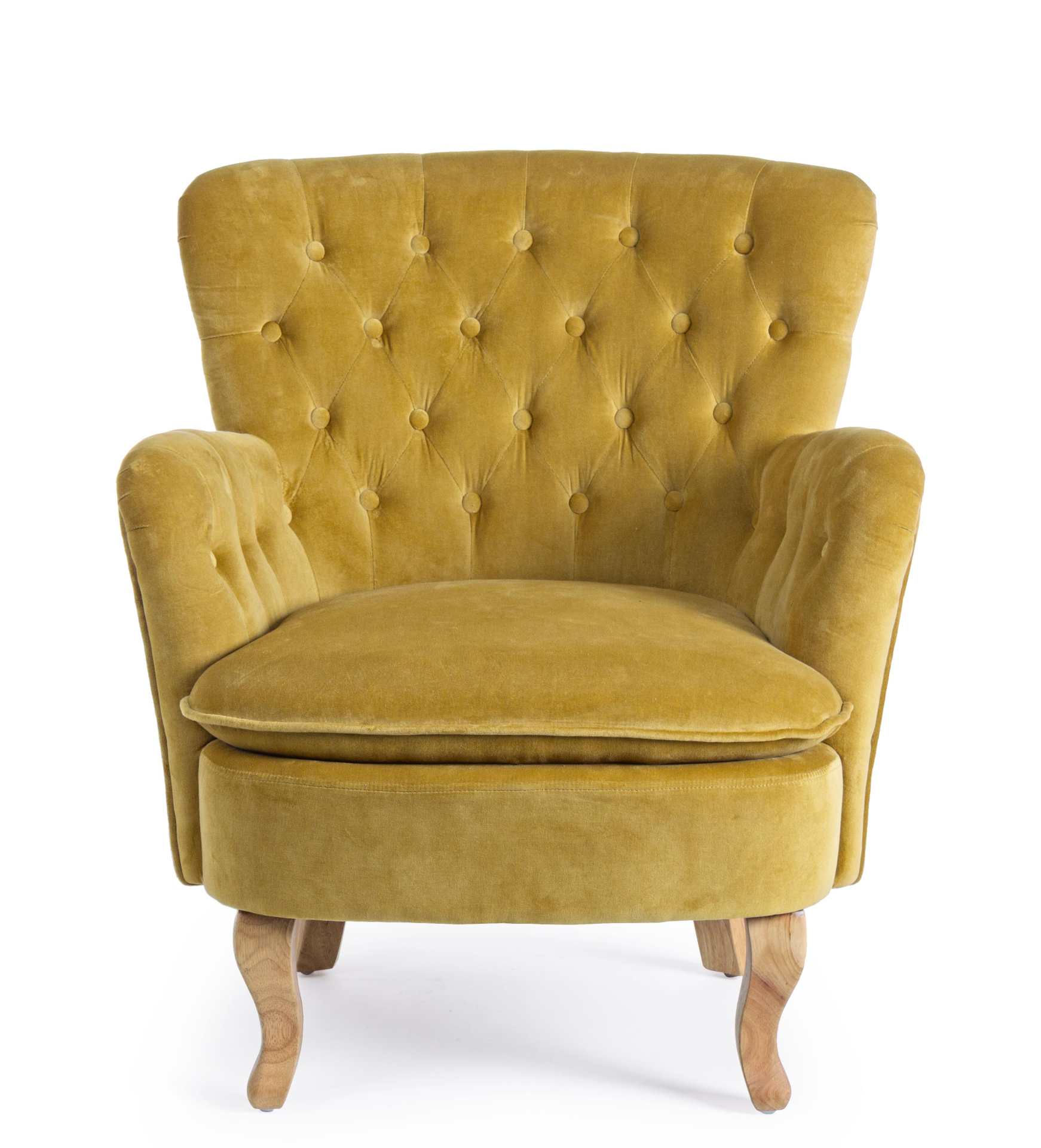Der Sessel Orlins überzeugt mit seinem klassischen Design. Gefertigt wurde er aus Stoff in Samt-Optik, welcher einen gelben Farbton besitzt. Das Gestell ist aus Kiefernholz und hat eine natürliche Farbe. Der Sessel besitzt eine Sitzhöhe von 44 cm. Die Bre