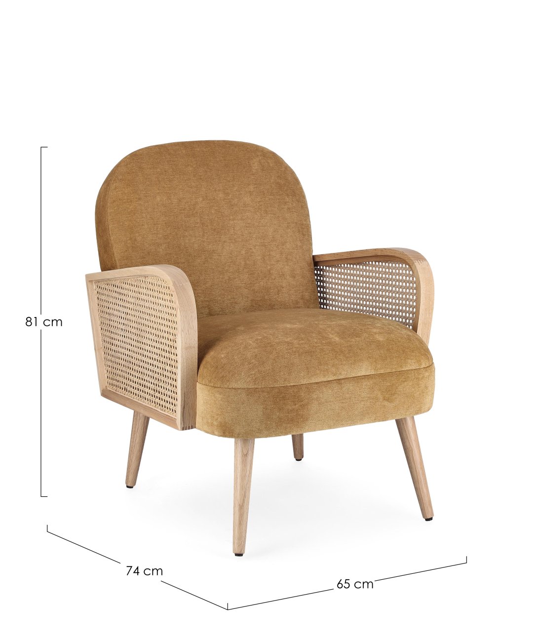 Der Sessel Dalida überzeugt mit seinem modernen Stil. Gefertigt wurde er aus einem Stoff-Bezug, welcher einen Senf Farbton besitzt. Das Gestell ist aus Kautschukholz und hat eine natürliche Farbe. Der Sessel verfügt über eine Armlehne.
