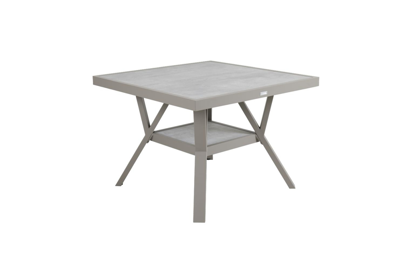Der Gartentisch Samvaro überzeugt mit seinem modernen Design. Gefertigt wurde die Tischplatte aus Granit und hat einen hellgrauen Farbton. Das Gestell ist aus Metall und hat eine Kaki Farbe. Der Tisch besitzt eine Länge von 90 cm.