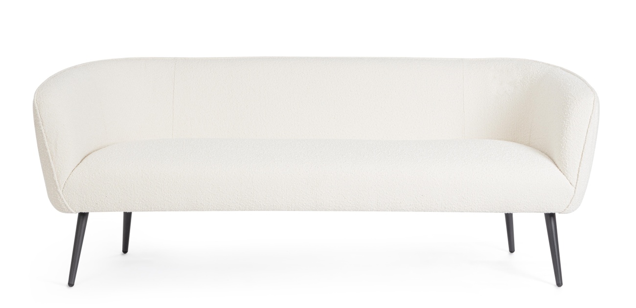 Das Sofa Avril überzeugt mit seinem modernen Stil. Gefertigt wurde es aus Bouclè-Stoff, welcher einen weißen Farbton besitzt. Das Gestell ist aus Metall und hat eine schwarze Farbe. Das Sofa ist in der Ausführung 3-Sitzer.