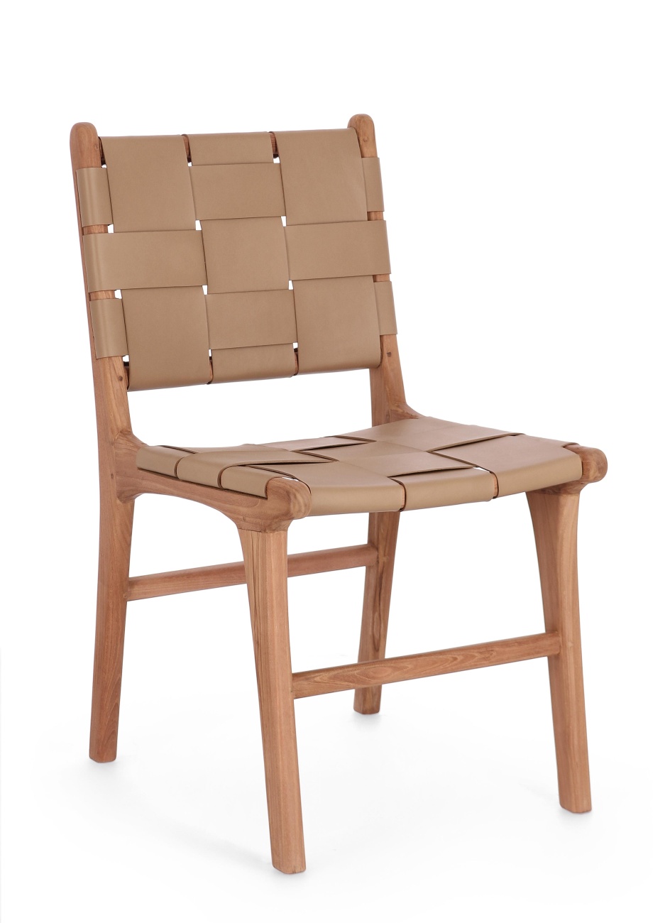 Der Esszimmerstuhl Joanna überzeugt mit seinem modernen Stil. Gefertigt wurde er aus Leder, welches einen Taupe Farbton besitzt. Das Gestell ist aus Teakholz und hat eine natürliche Farbe. Der Stuhl besitzt eine Sitzhöhe von 45 cm.