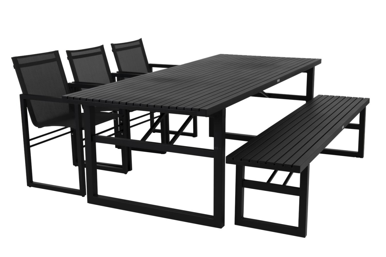 Der Gartenesstisch Vevi überzeugt mit seinem modernen Design. Gefertigt wurde die Tischplatte aus Metall, welche einen schwarzen Farbton besitzt. Das Gestell ist auch aus Metall und hat eine schwarze Farbe. Der Tisch besitzt eine Länge von 230 cm.