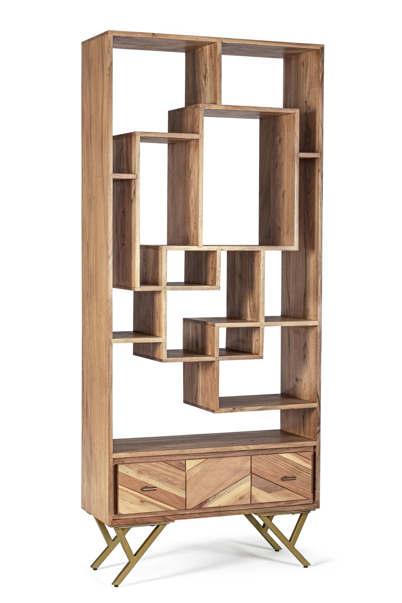 Das Bücherregal Raida überzeugt mit seinem klassischen Design. Gefertigt wurde es aus Mangoholz, welches einen natürlichen Farbton besitzt. Das Gestell ist aus Metall und hat eine goldene Farbe. Das Bücherregal verfügt über eine Schublade und sieben Fäche