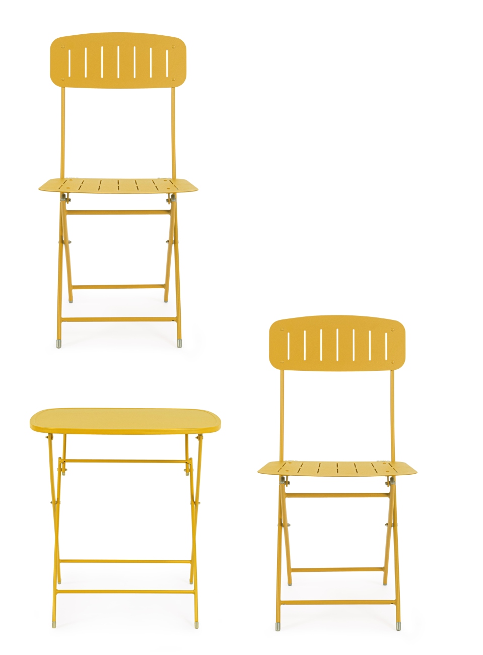 Das Garten-Set Yvonne überzeugt mit seinem modernen Design. Gefertigt wurde es aus Metall, welcher einen gelben Farbton besitzt. Das Gestell ist auch aus Metall und hat eine gelbe Farbe. Das Set besteht aus zwei Stühlen und einem Tisch.