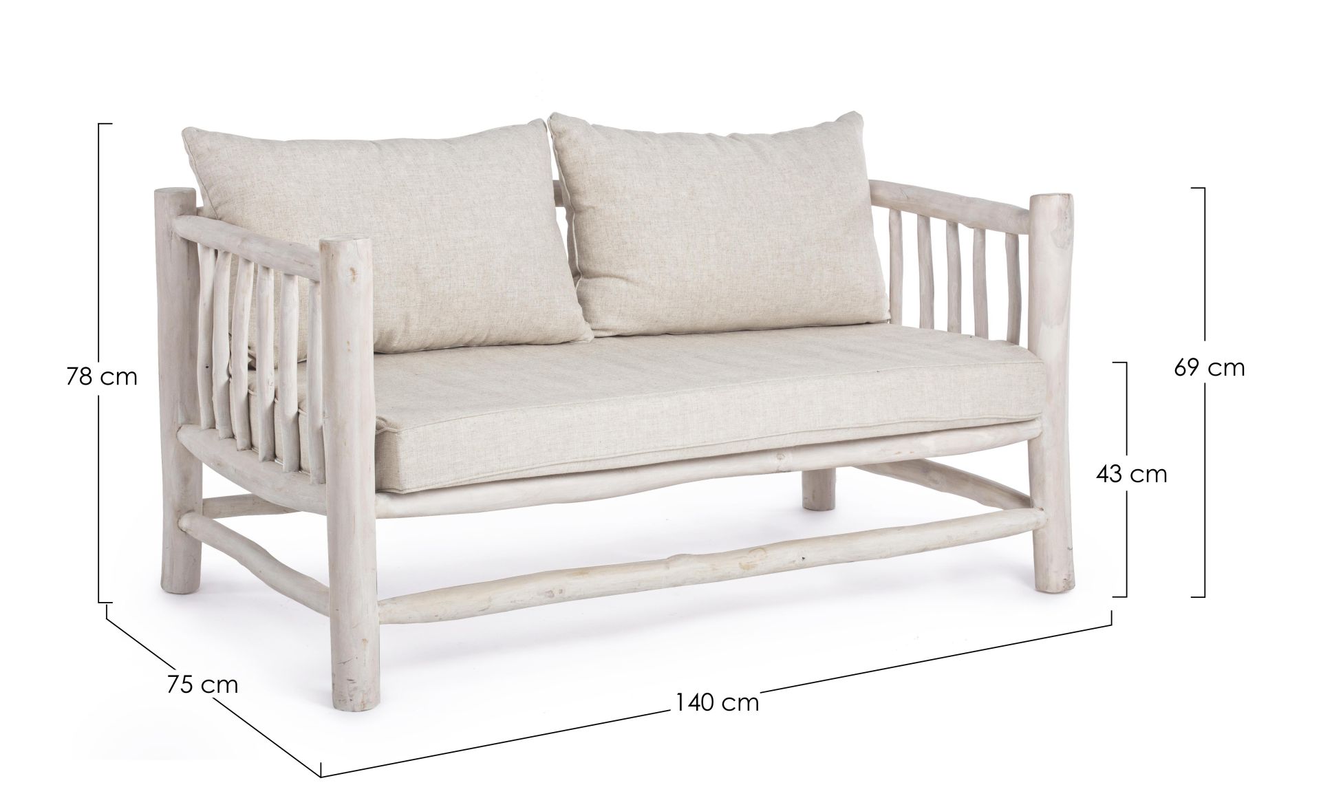 Das Sofa Sahel überzeugt mit seinem klassischen Design. Gefertigt wurde es aus Teakholz, welches einen weißen Farbton besitzt. Die Kissen sind aus einem Mix aus Baumwolle und Leinen. Das Sofa ist in der Ausführung als 2-Sitzer. Die Breite beträgt 140 cm.