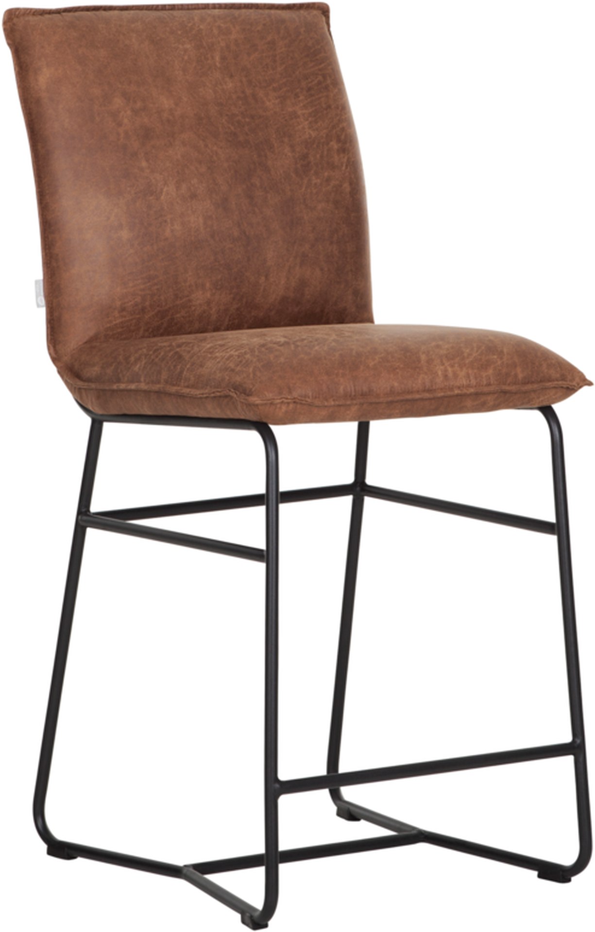 Der Barstuhl Delaware überzeugt mit seinem modernem aber auch schlichtem Design. Gefertigt wurde der Stuhl aus recyceltem Leder, welches einen Cognac Farbton besitzt. Das Gestell ist aus Metall und ist Schwarz.