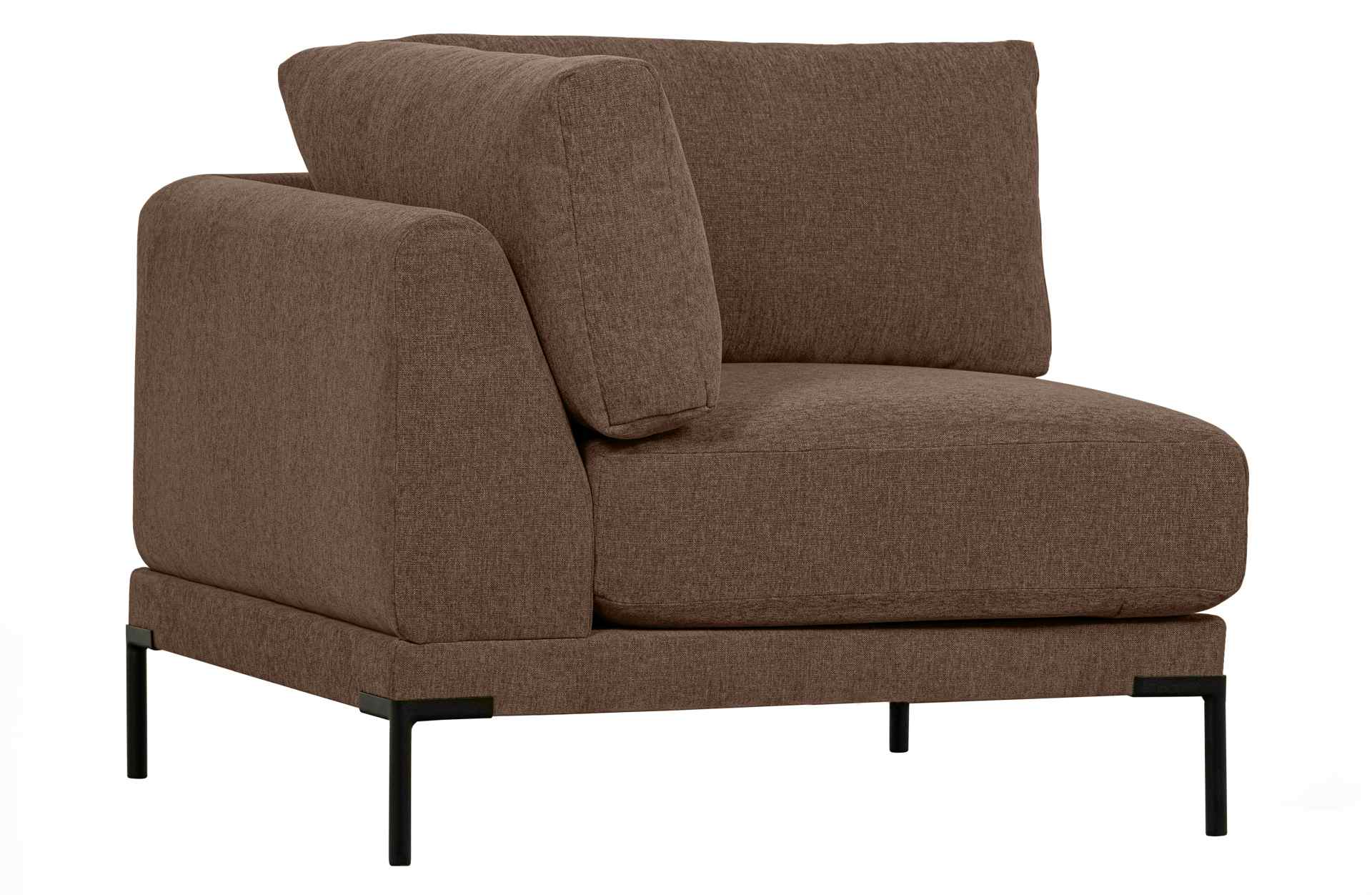 Das Modulsofa Couple Lounge überzeugt mit seinem modernen Design. Das Eck-Element wurde aus Melange Stoff gefertigt, welcher einen einen braunen Farbton besitzen. Das Gestell ist aus Metall und hat eine schwarze Farbe. Das Element hat eine Länge von 100 c