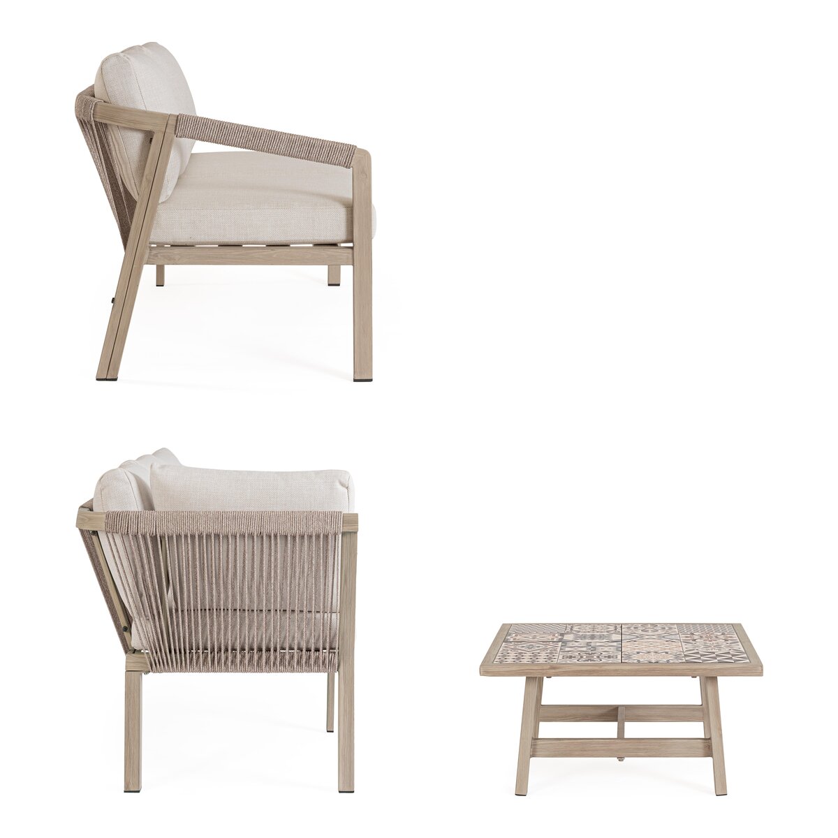 Gartenecksofa Kalimera - Aluminium Timber Natur, Olefin Beige, inkl. Couchtisch