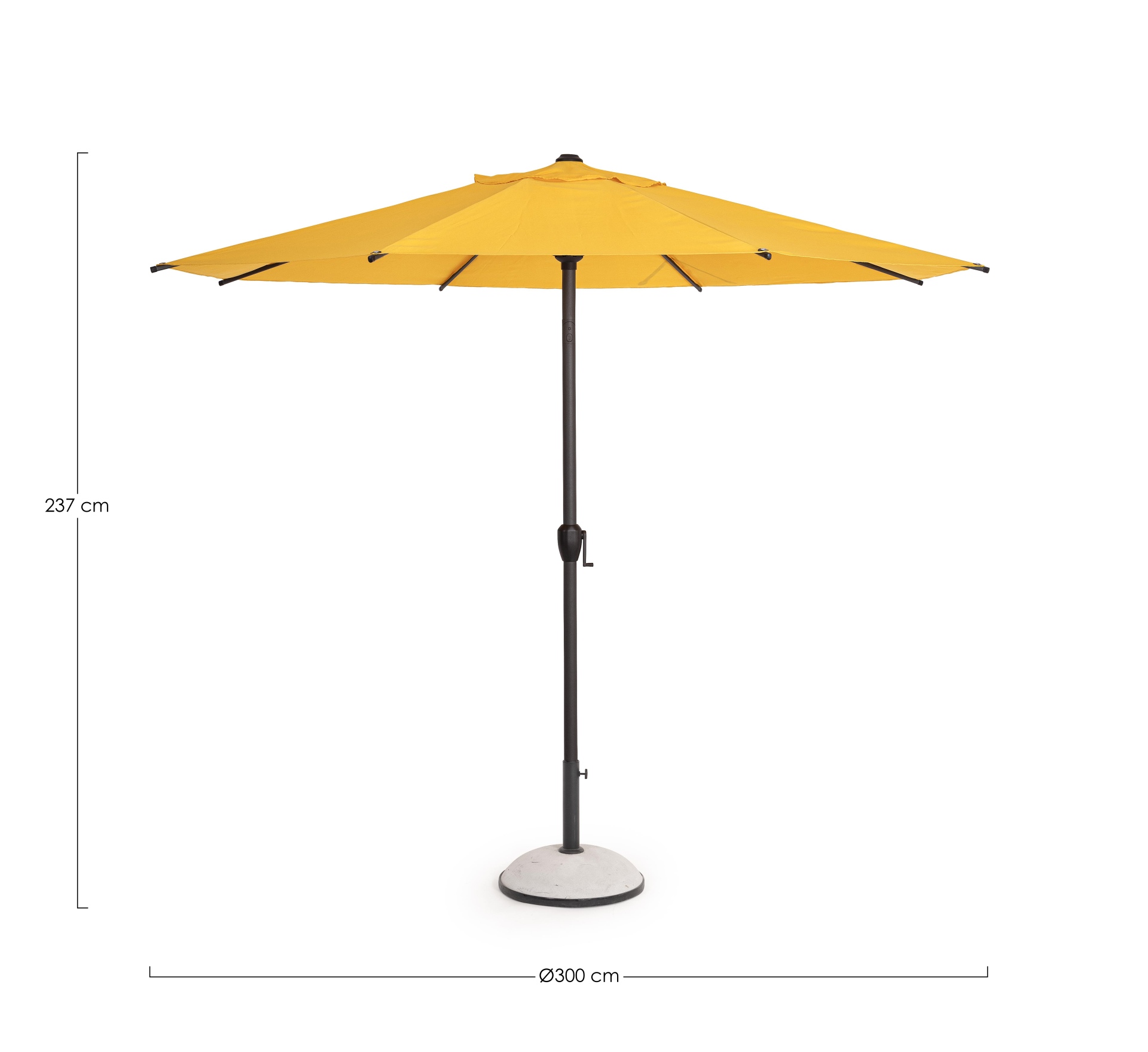 Der Sonnenschirm Rio überzeugt mit seinem klassischen Design. Gefertigt wurde er aus einer Polyester Plane, welche einen gelben Farbton besitzt. Das Gestell ist aus Aluminium und hat eine Anthrazit Farbe. Der Sonnenschirm verfügt über einen Durchmesser vo