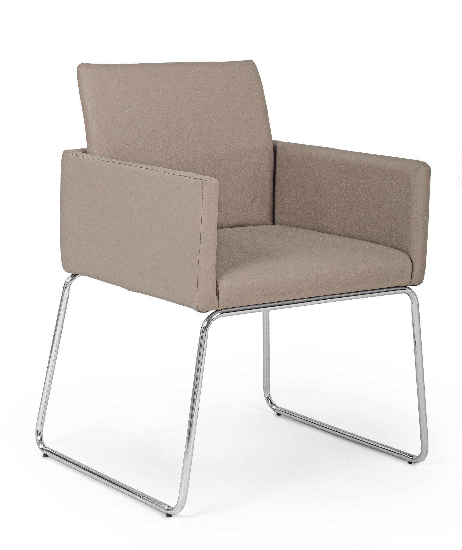 Der Esszimmerstuhl Sixty überzeugt mit seinem modernem Design. Gefertigt wurde der Stuhl aus Kunststoff-Bezug welcher einen Taupe Farbton besitzt. Das Gestell ist aus Metall und ist Silber. Die Sitzhöhe beträgt 48 cm.