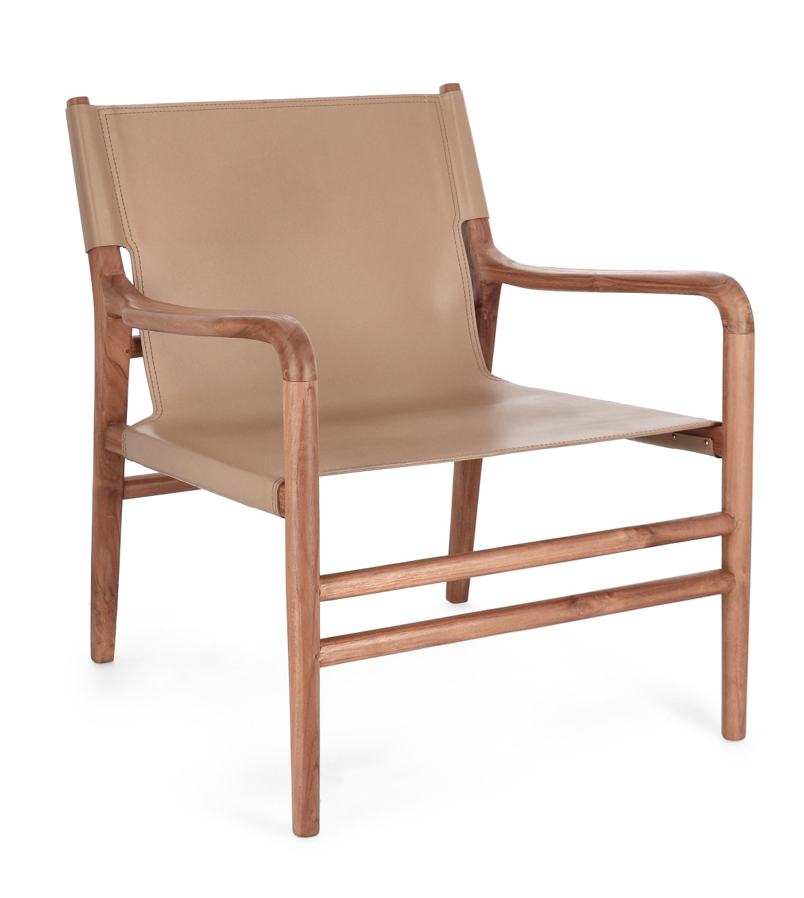 Der Sessel Caroline überzeugt mit seinem modernen Stil. Gefertigt wurde er aus Leder, welches einen Taupe Farbton besitzt. Das Gestell ist aus Teakholz und hat eine natürliche Farbe. Der Sessel besitzt eine Sitzhöhe von 57 cm.