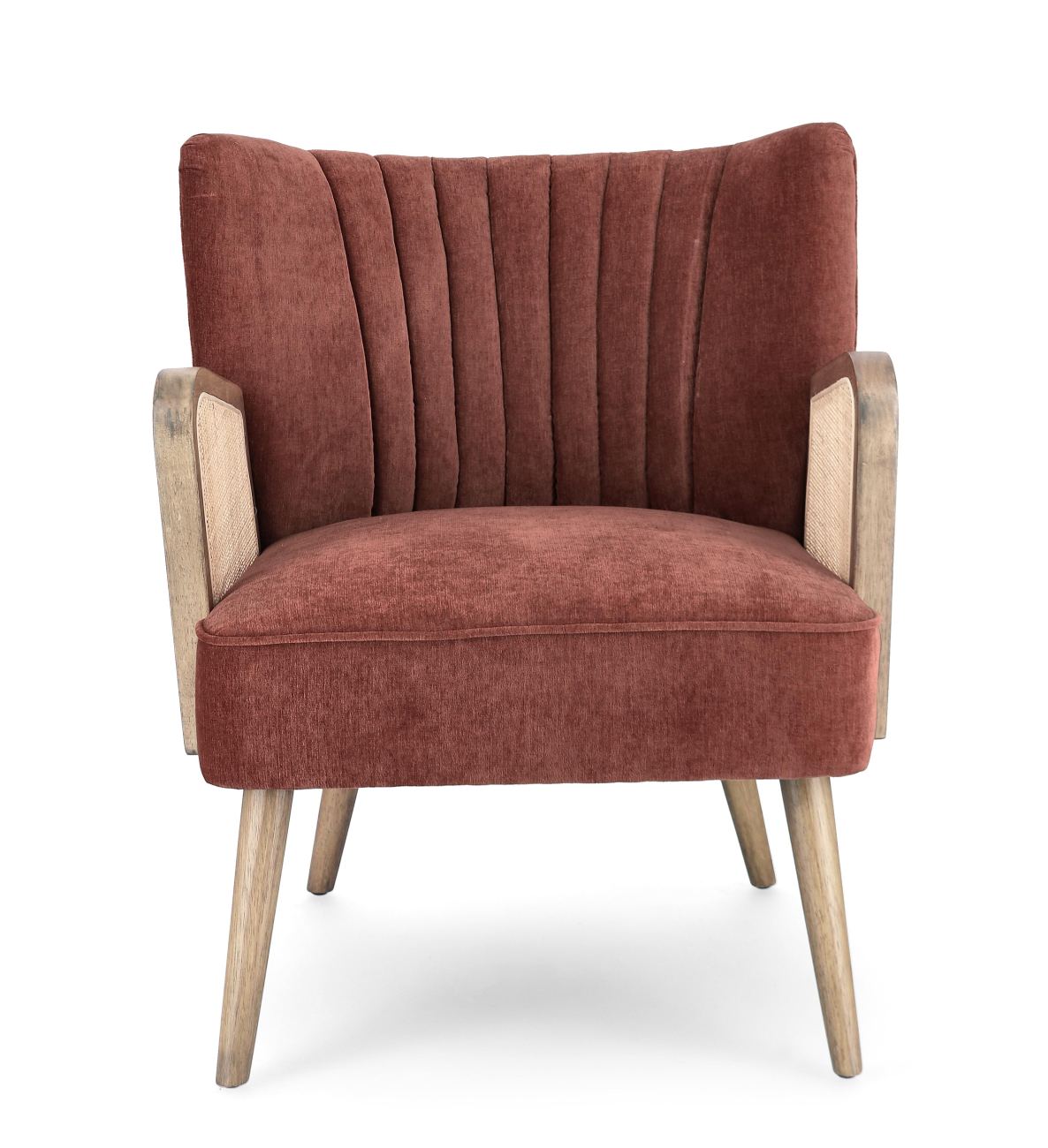 Der Sessel Virna überzeugt mit seinem modernen Stil. Gefertigt wurde er aus einem Stoff-Bezug, welcher einen roten Farbton besitzt. Das Gestell ist aus Kautschukholz und hat eine braune Farbe. Der Sessel verfügt über eine Armlehne.