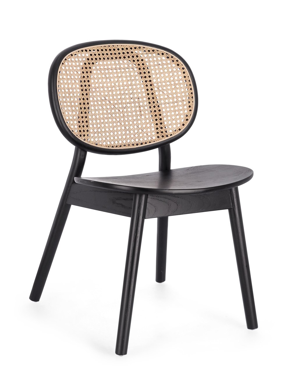 Der Esszimmerstuhl Adolis überzeugt mit seinem modernen Stil. Gefertigt wurde er aus Ulmmenholz, welcher einen schwarzen Farbton besitzt. Die Rückenlehne ist aus Rattan und hat eine natürliche Farbe. Der Stuhl besitzt eine Sitzhöhe von 46 cm.