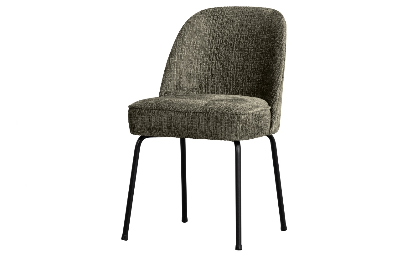 Der Esszimmerstuhl Vogue überzeugt mit seinem modernen Stil. Gefertigt wurde er aus Struktursamt, welches einen graugrünen Farbton besitzt. Das Gestell ist aus Metall und hat eine schwarze Farbe. Der Sessel besitzt eine Größe von 57x50 cm.