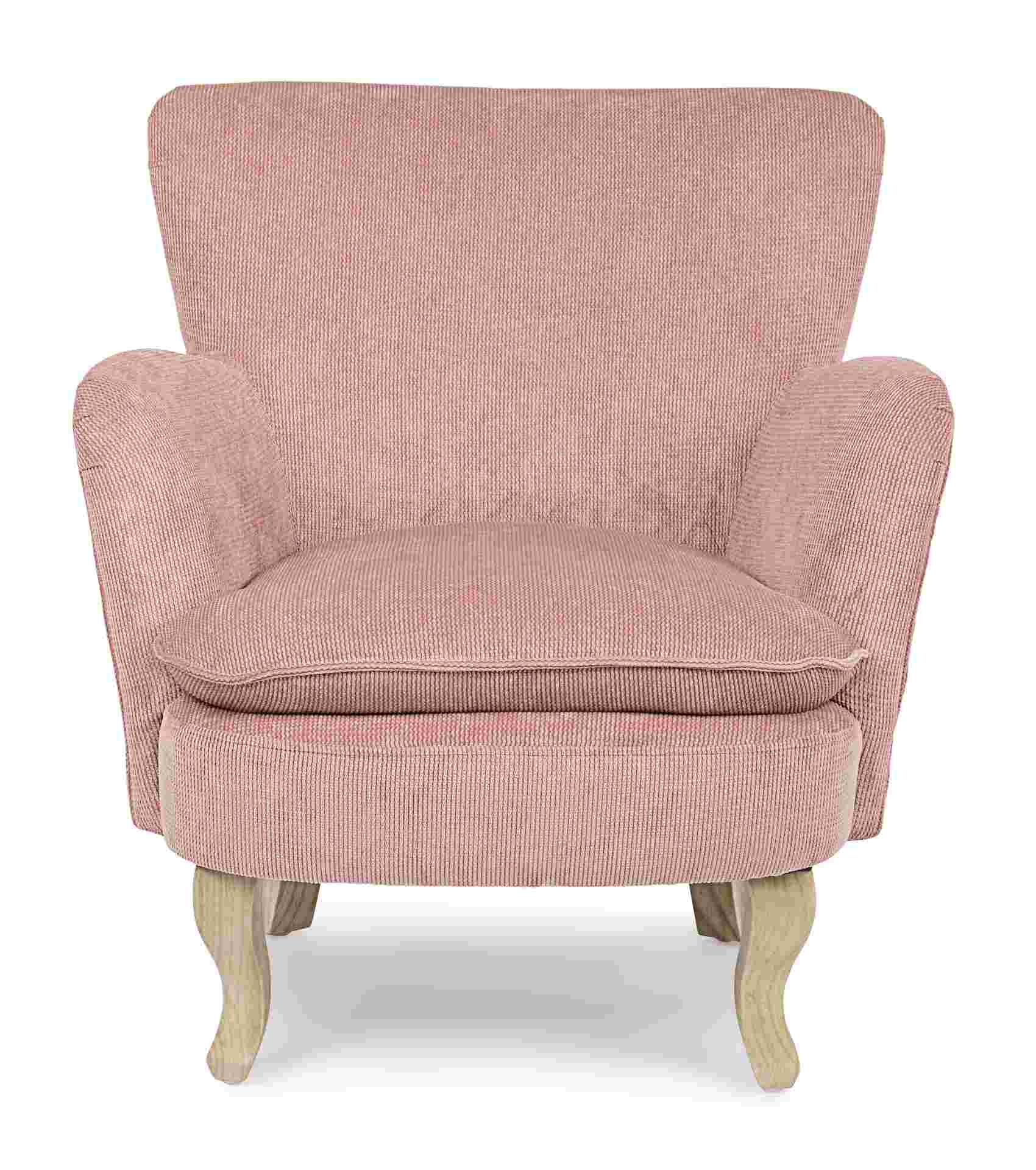 Der Sessel Chenille überzeugt mit seinem klassischen Design. Gefertigt wurde er aus Stoff in Cord-Optik, welcher einen rosa Farbton besitzt. Das Gestell ist aus Kautschukholz und hat eine natürliche Farbe. Der Sessel besitzt eine Sitzhöhe von 45 cm. Die B