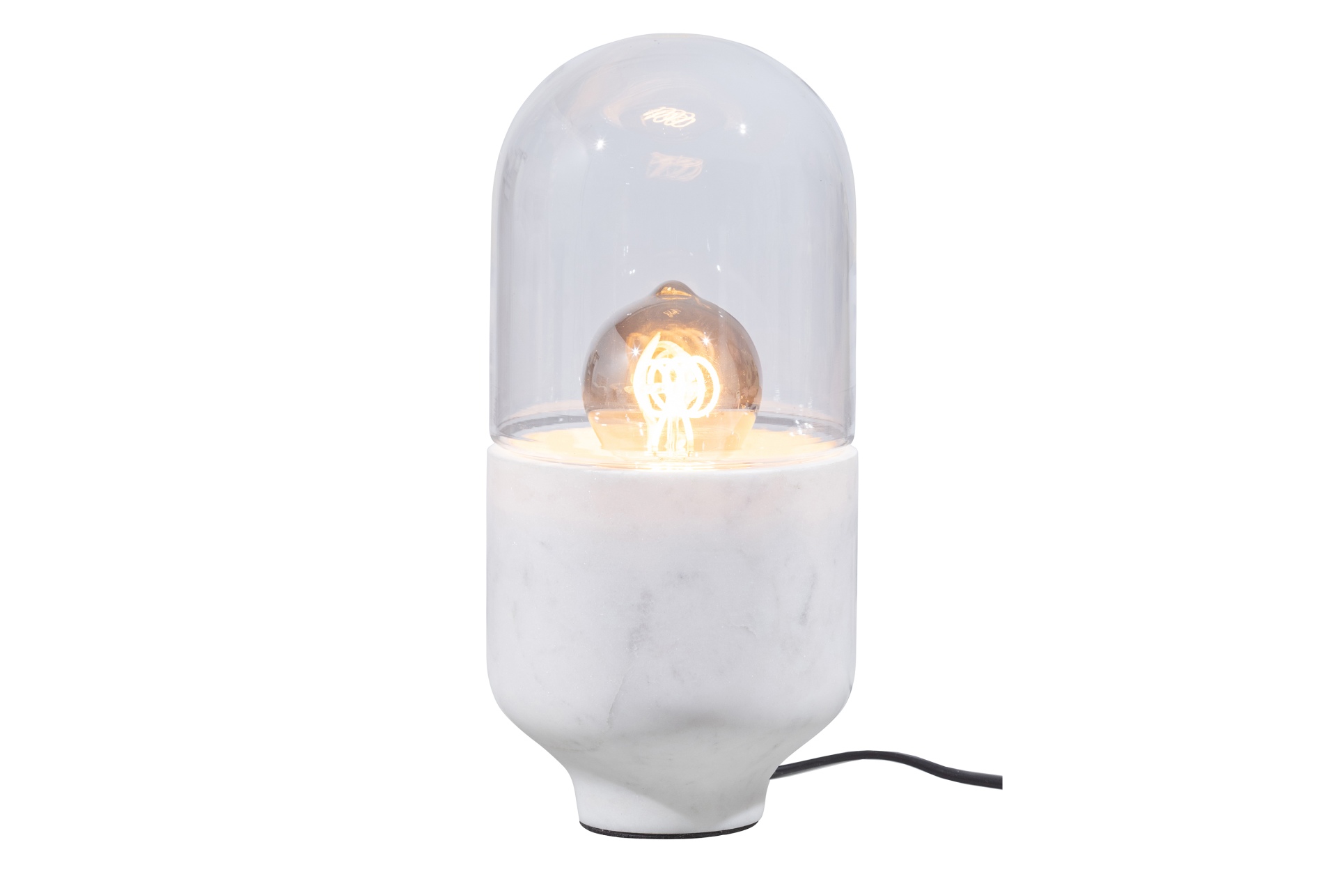 Die Tischlampe Asel überzeugt mit ihrem besonderem Design. Gefertigt wurde die Lampe aus Glas in Marmoroptik, welches einen weißen Farbton besitzt.