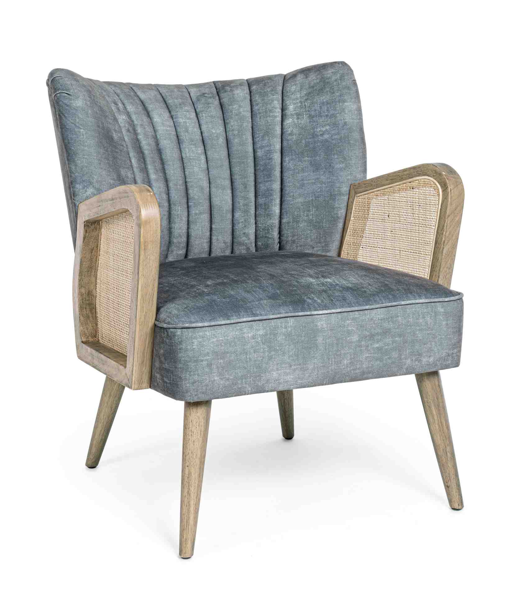 Der Sessel Virna überzeugt mit seinem modernen Design. Gefertigt wurde er aus Stoff in Samt-Optik, welcher einen blauen Farbton besitzt. Das Gestell ist aus Kautschukholz und hat eine natürliche Farbe. Der Sessel besitzt eine Sitzhöhe von 44 cm. Die Breit
