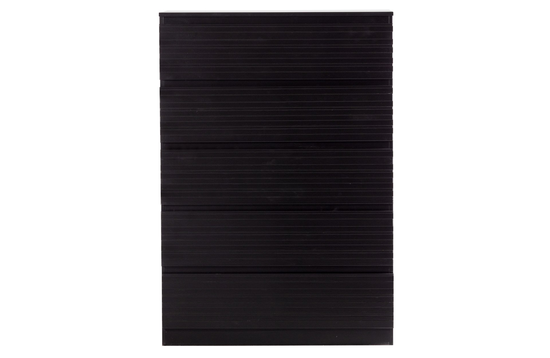 Die Kommode Jente wurde aus Kiefernholz hergestellt, welches einen schwarzen Farbton besitzt. Die Kommode ist in zwei Varianten verfügbar, diese hat 5 Schubladen.