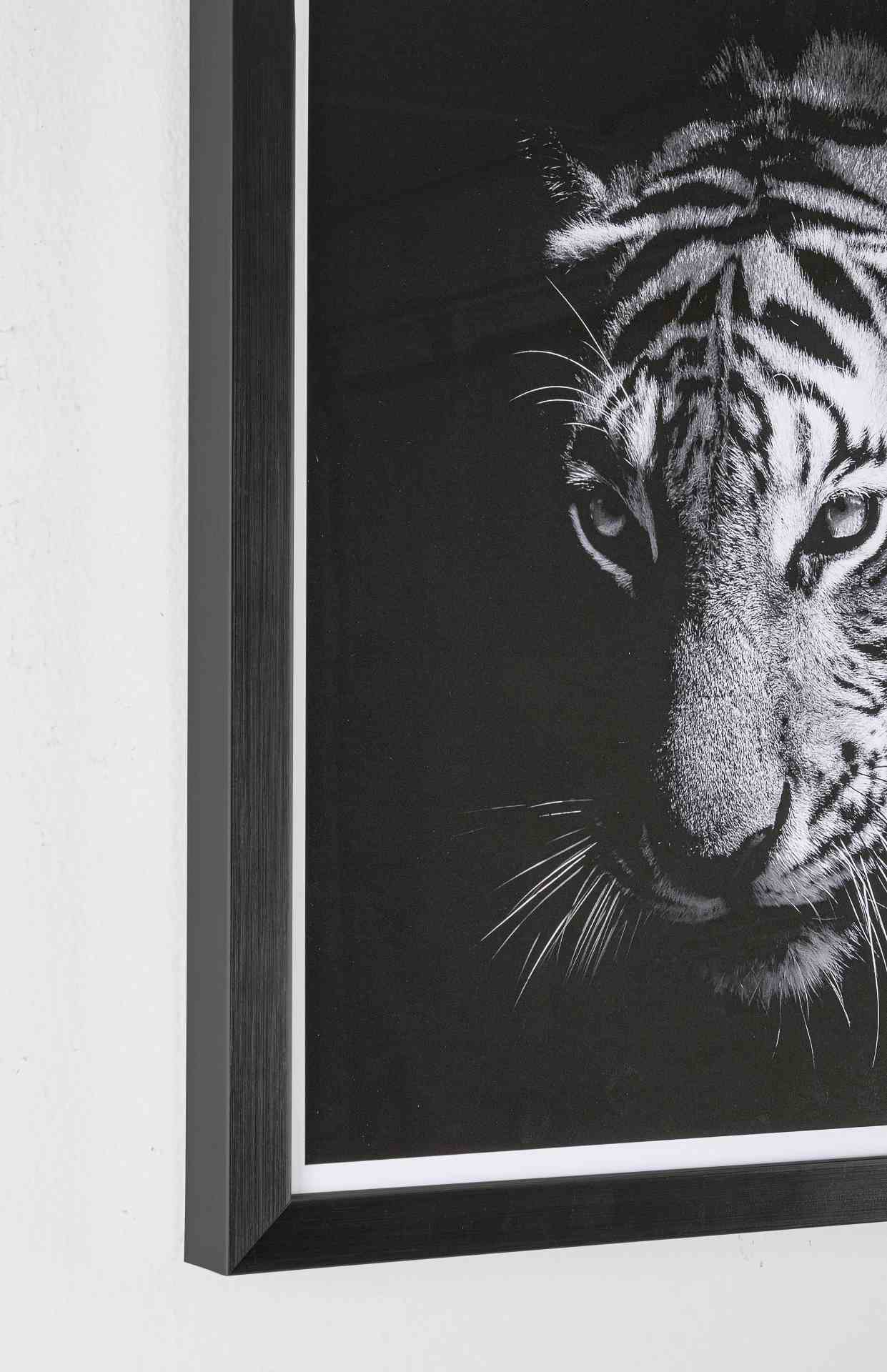 Das Bild Tiger überzeugt mit ihrem klassischen Design. Das Bild verfügt über einen Druck auf Papier. Das Gestell ist aus MDF und der Rahmen aus Kunststoff. Die Maße sind 43x43 cm.