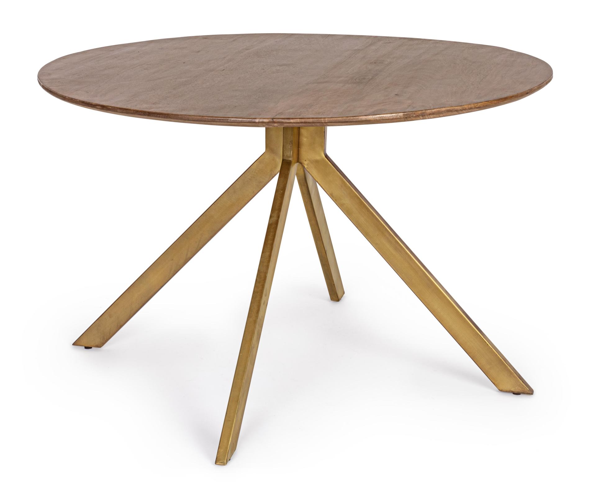 Der Esstisch Sherman überzeugt mit seinem klassischem Design. Gefertigt wurde er aus Mangoholz, welches einen natürlichen Farbton besitzt. Das Gestell ist aus Metall und hat eine goldene Farbe. Das Tisch hat einen Durchmesser von 120 cm.
