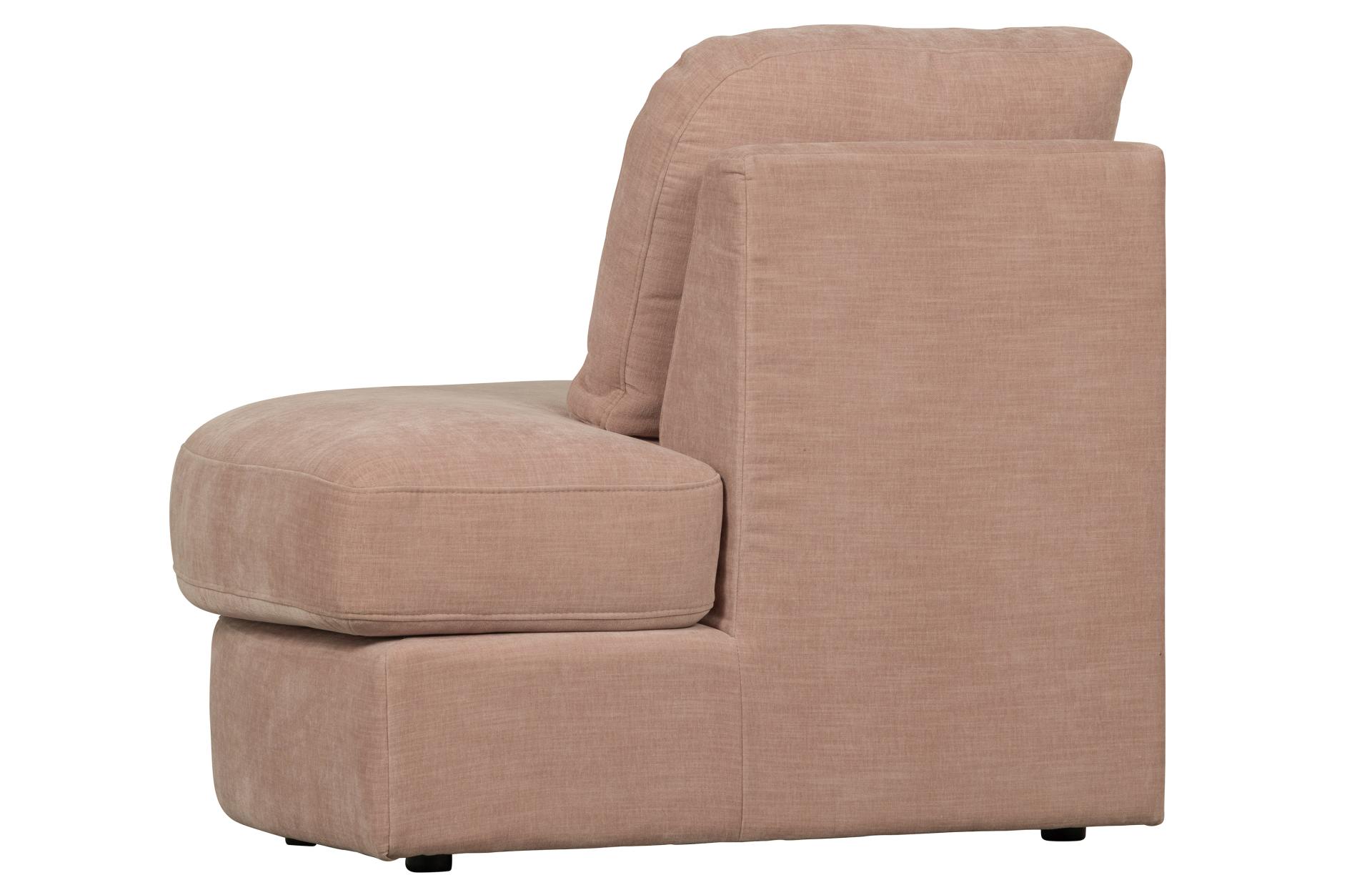 Das Modulsofa Family überzeugt mit seinem modernen Design. Das 1-Seat Eck Element mit der Ausführung Rechts wurde aus Gewebe-Stoff gefertigt, welcher einen einen rosa Farbton besitzen. Das Gestell ist aus Metall und hat eine schwarze Farbe. Das Element ha