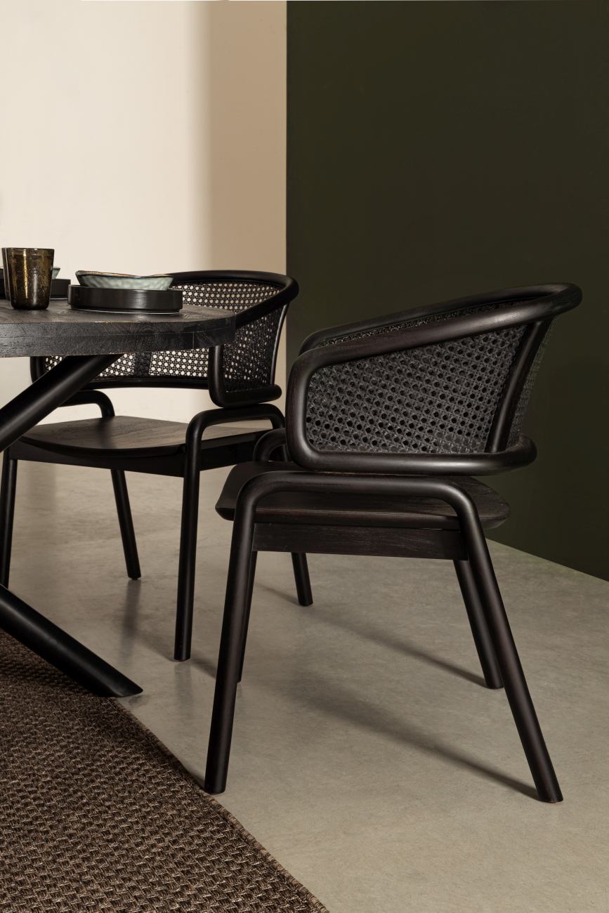Der Esszimmerstuhl Keith überzeugt mit seinem modernen Stil. Gefertigt wurde er aus Teakholz, welcher einen schwarzen Farbton besitzt. Die Rückenlehne ist aus Rattan und hat eine schwarze Farbe. Der Stuhl besitzt eine Sitzhöhe von 44 cm.