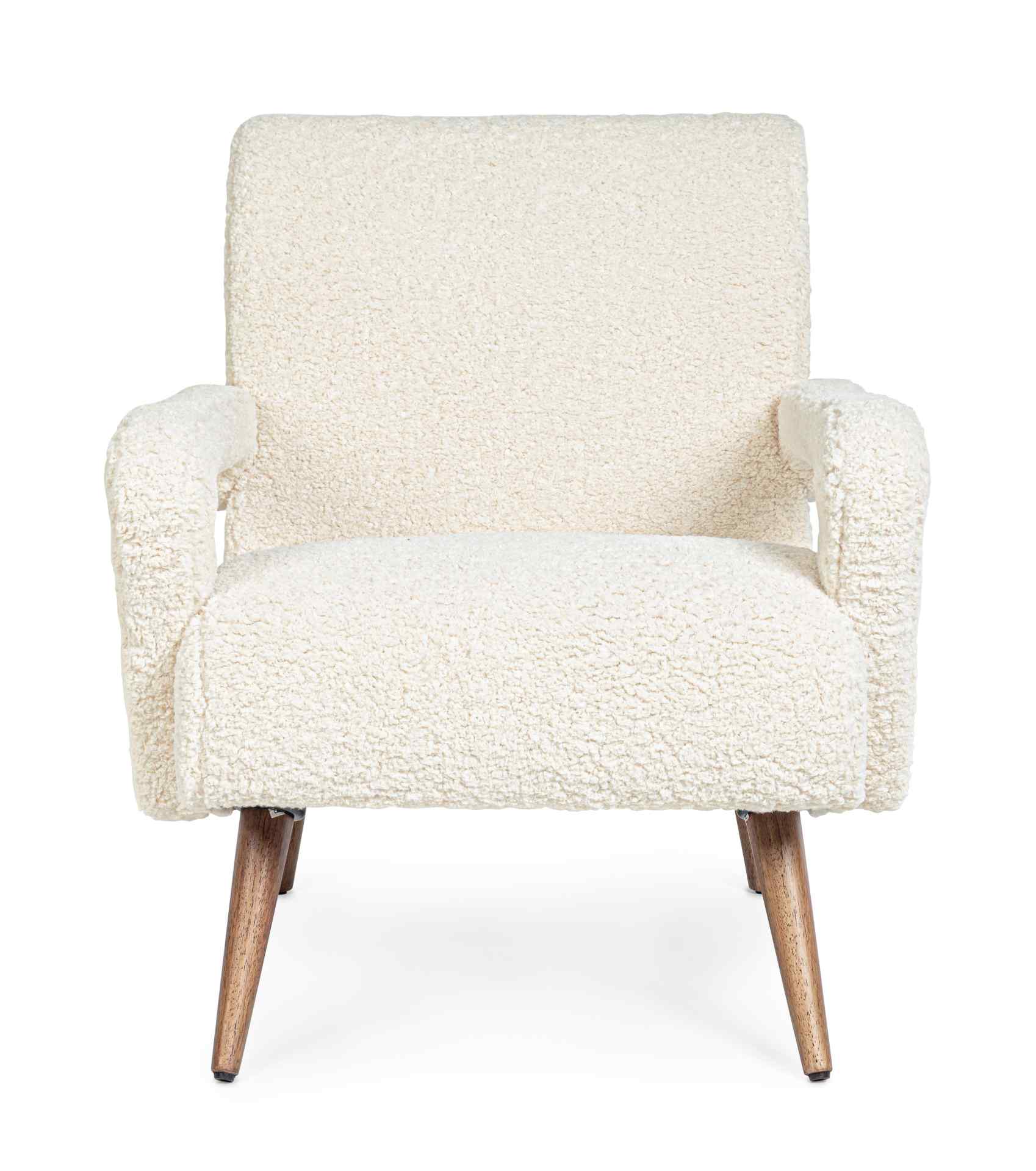 Der Sessel Berna überzeugt mit seinem modernen Design. Gefertigt wurde er aus Stoff in Teddy-Optik, welcher einen weißen Farbton besitzt. Das Gestell ist aus Kautschukholz und hat eine natürliche Farbe. Der Sessel besitzt eine Sitzhöhe von 45 cm. Die Brei