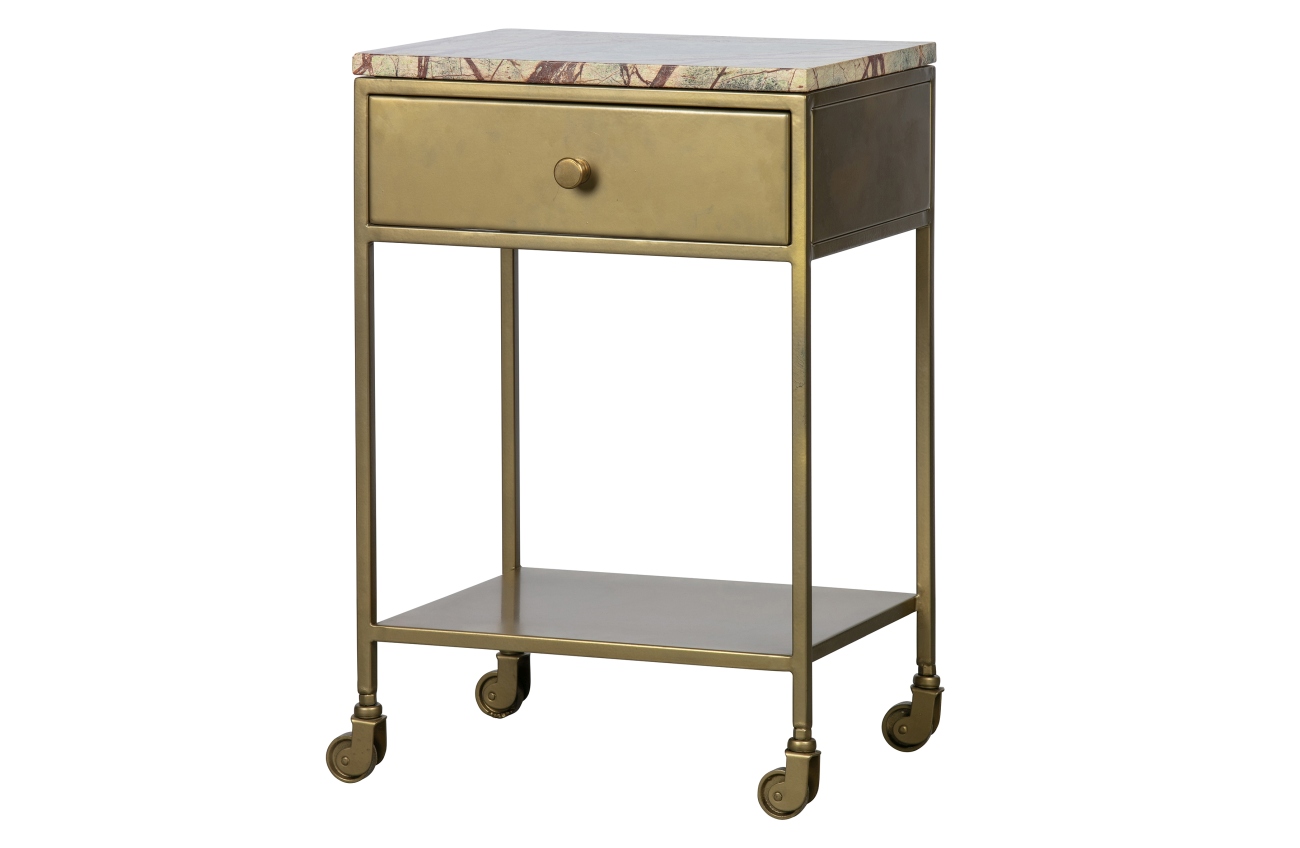 Der Nachttisch Clinc überzeugt mit seinem modernen Stil. Gefertigt wurde er aus einer Marmorplatte, welche einen hellen Farbton besitzt. Das Gestell ist aus Metall und hat eine goldene Farbe. Der Nachttisch verfügt über eine Schublade und ein Fach.