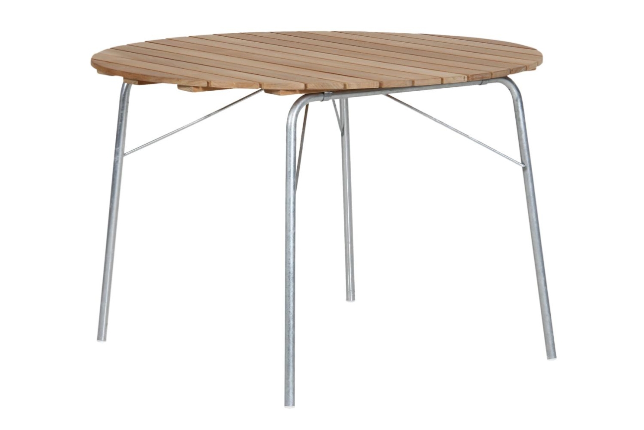 Der Gartenesstisch Classic überzeugt mit seinem modernen Design. Gefertigt wurde er aus Teakholz, welches einen natürlichen Farbton besitzt. Das Gestell ist aus Metall und hat eine Silberne Farbe. Der Tisch besitzt einen Durchmesser von 110 cm.