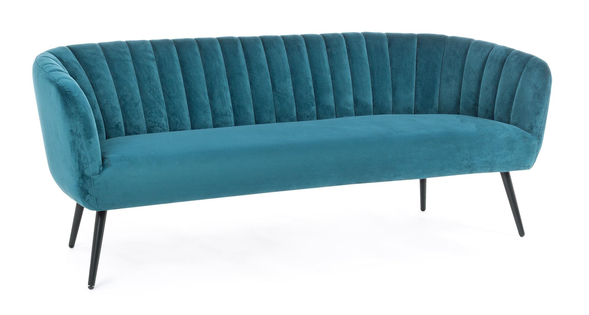 Das Sofa Avril überzeugt mit seinem modernen Design. Gefertigt wurde es aus Stoff in Samt-Optik, welcher einen blauen Farbton besitzt. Das Gestell ist aus Metall und hat eine schwarze Farbe. Das Sofa ist in der Ausführung als 3-Sitzer. Die Breite beträgt 