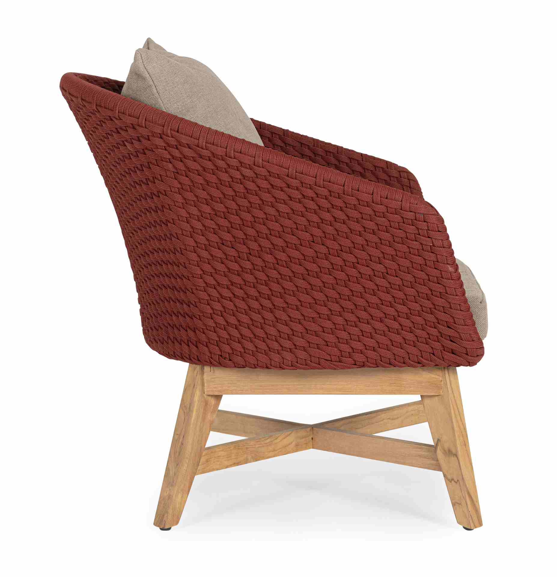 Der Gartensessel Coachella überzeugt mit seinem modernen Design. Gefertigt wurde er aus Olefin-Stoff, welcher einen roten Farbton besitzt. Das Gestell ist aus Teakholz und hat eine natürliche Farbe. Der Sessel verfügt über eine Sitzhöhe von 39 cm und ist 