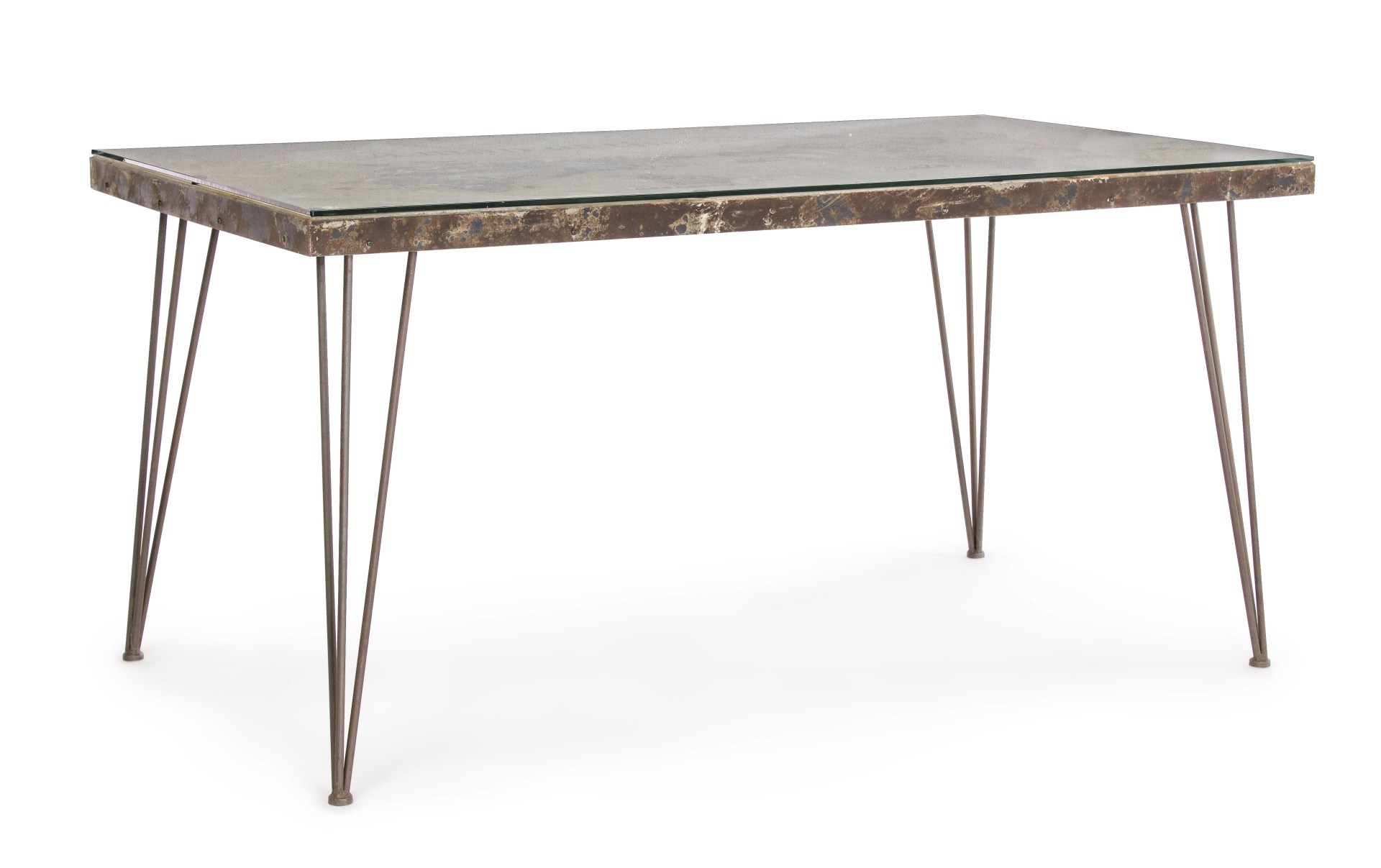 Der Esstisch Atlantide überzeugt mit seinem industriellem Design. Gefertigt wurde er aus MDF, welches einen bronze Farbton besitzt. Das Gestell des Tisches ist aus Metall und ist in einer bronze Farbe. Der Tisch besitzt eine Breite von 160 cm und verfügt 