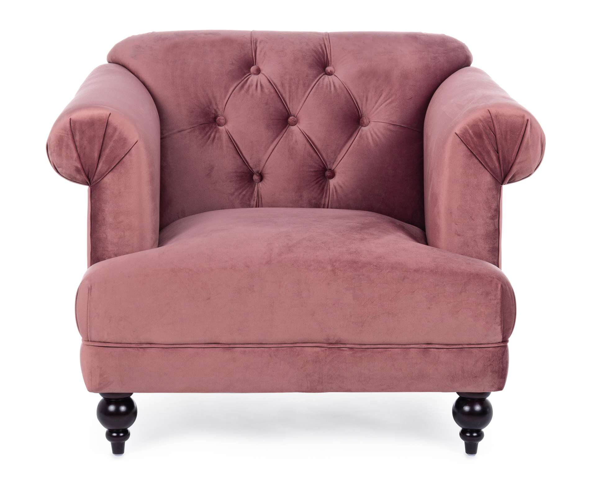 Der Sessel Blossom überzeugt mit seinem klassischen Design. Gefertigt wurde er aus Stoff in Samt-Optik, welcher einen altrosa Farbton besitzt. Das Gestell ist aus Kautschukholz und hat eine schwarze Farbe. Der Sessel besitzt eine Sitzhöhe von 44 cm. Die B