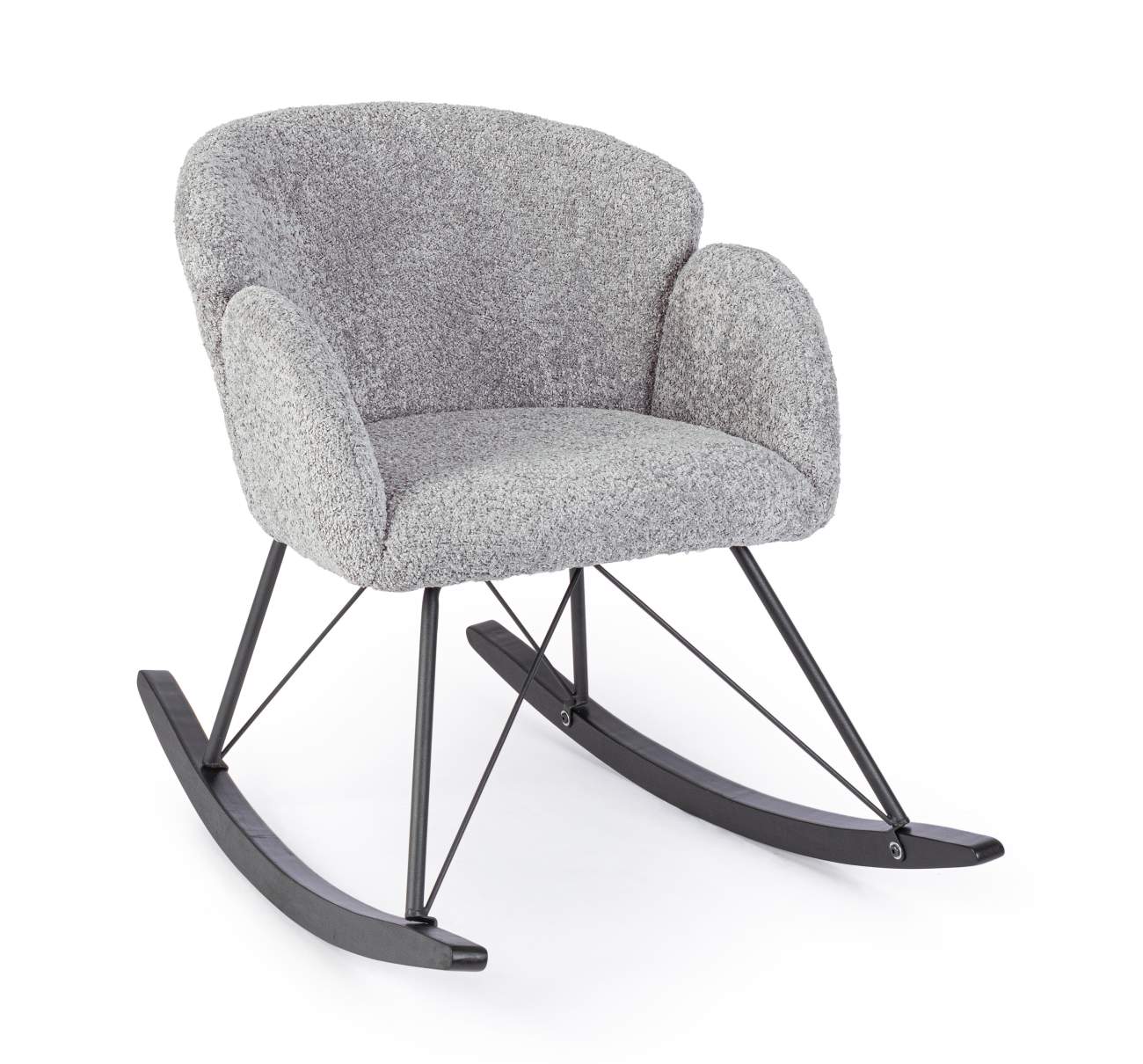Der Schaukelsessel Sibilla überzeugt mit seinem modernen Stil. Gefertigt wurde er aus Stoff, welcher einen hellgrauen Farbton besitzt. Das Gestell ist aus Metall und hat eine schwarze Farbe. Der Sessel besitzt eine Sitzhöhe von 48 cm.