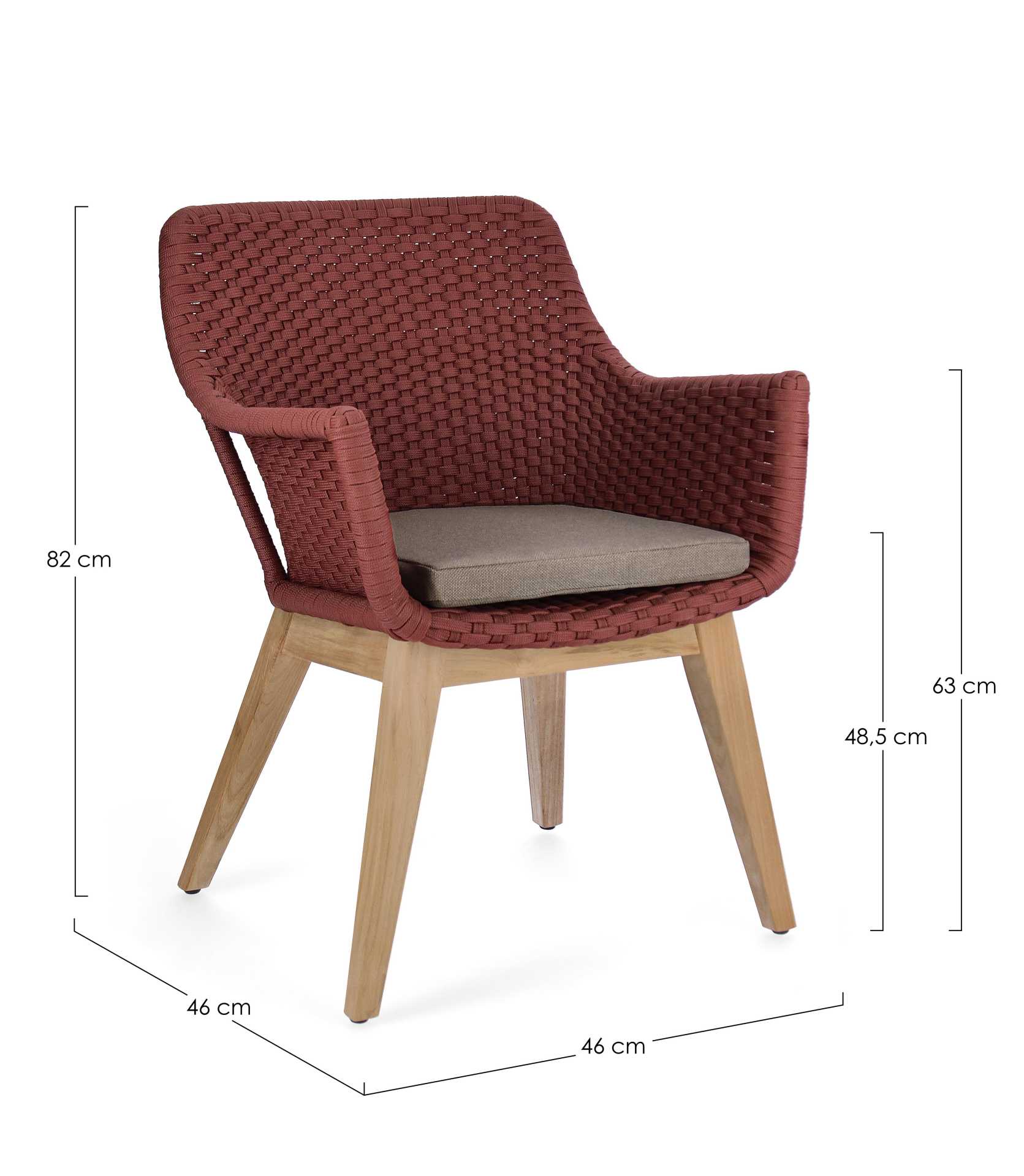 Der Gartenstuhl Allison überzeugt mit seinem modernen Design. Gefertigt wurde er aus Olefin-Stoff, welcher einen roten Farbton besitzt. Das Gestell ist aus Teakholz und hat eine natürliche Farbe. Der Stuhl verfügt über eine Sitzhöhe von 48 cm und ist für 