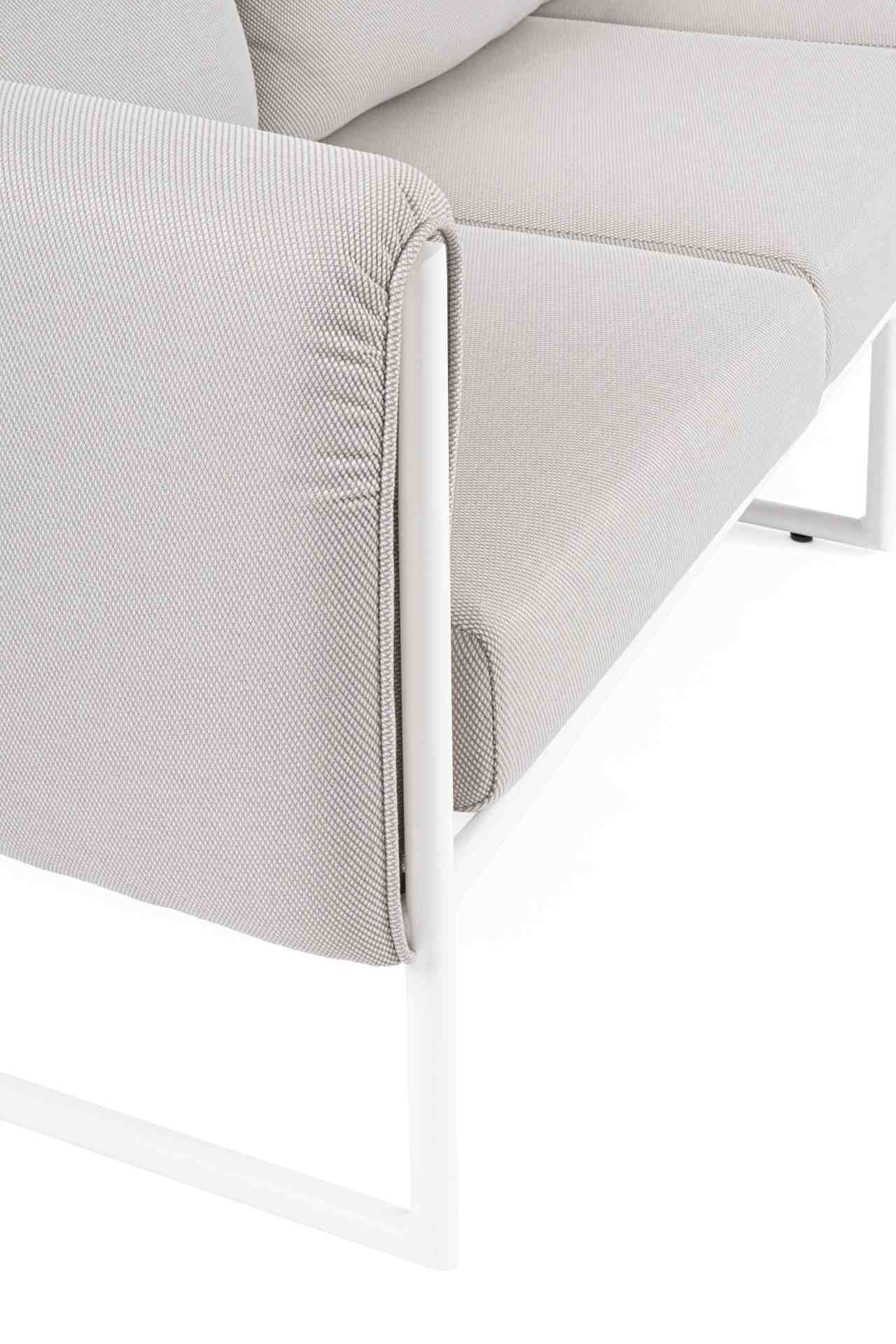 Das Gartensofa Pixel überzeugt mit seinem modernen Design. Gefertigt wurde es aus Olefin-Stoff, welcher einen grauen Farbton besitzt. Das Gestell ist aus Aluminium und hat eine weiße Farbe. Das Sofa verfügt über eine Sitzhöhe von 42 cm und ist für den Out