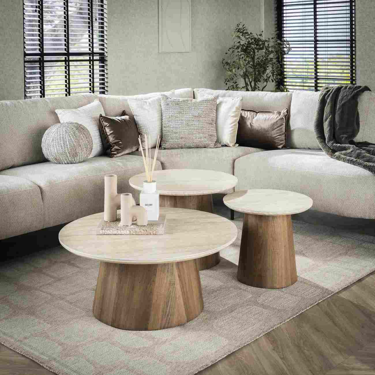 3er-Set Couchtisch Joradis - Keramik in Travertin-Optik, Rund