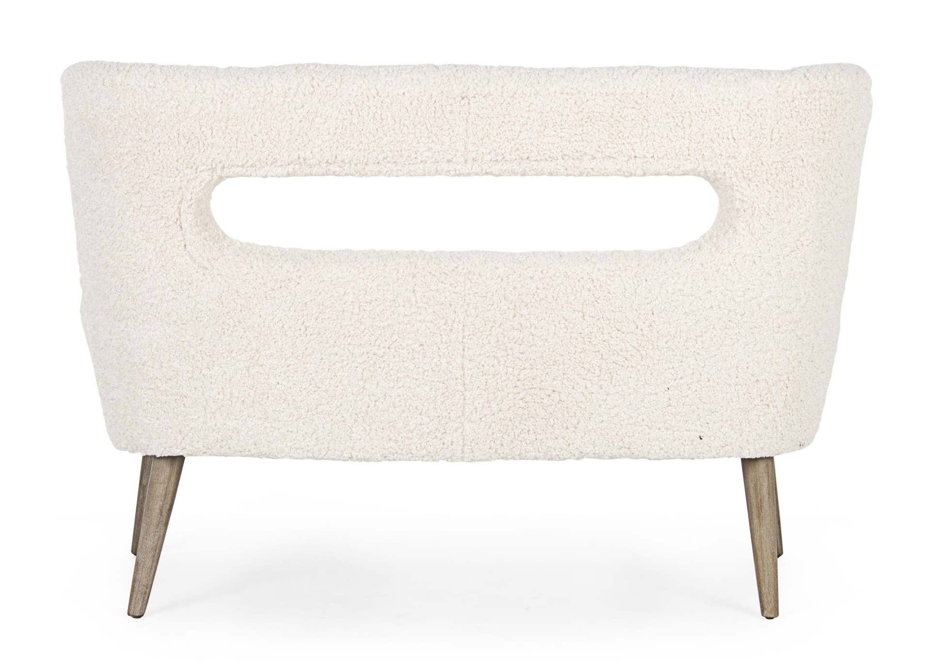 Das Sofa Cortina überzeugt mit seinem modernen Design. Gefertigt wurde es aus Teddy Stoff, welcher einen weißen Farbton besitzt. Das Gestell ist aus Kiefernholz und hat eine natürliche Farbe. Das Sofa ist in der Ausführung als 2-Sitzer. Die Breite beträgt
