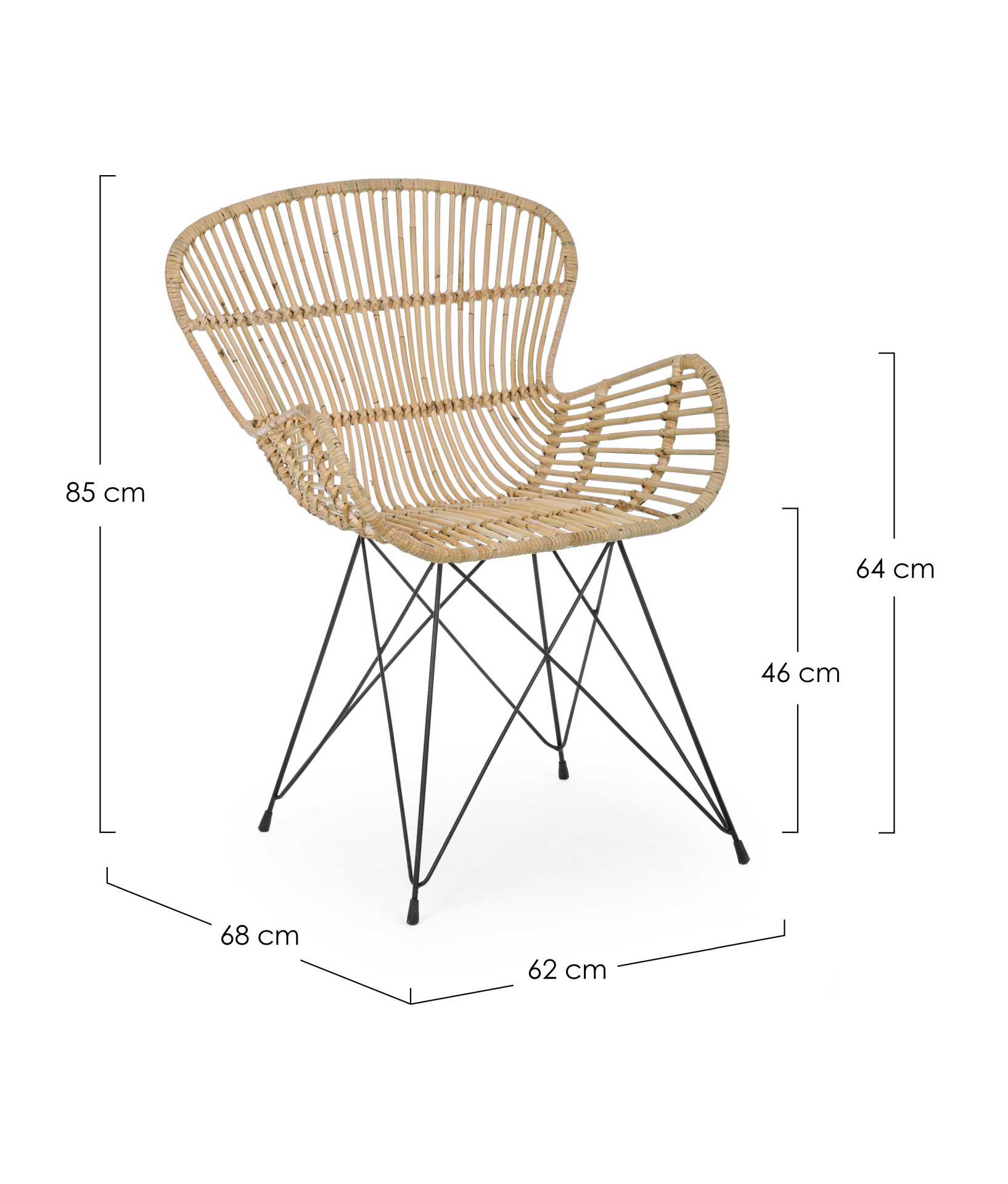 Der Sessel Venturs überzeugt mit seinem klassischen Design. Gefertigt wurde er aus Rattan, welches einen natürlichen Farbton besitzt. Das Gestell ist aus Metall und hat eine schwarze Farbe. Der Sessel besitzt eine Sitzhöhe von 46 cm. Die Breite beträgt 62