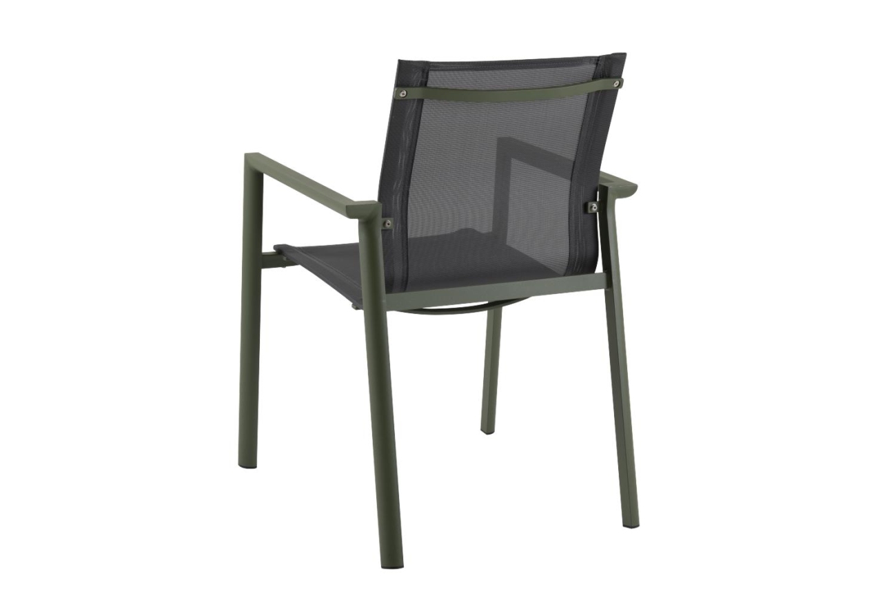 Der Gartenstuhl Delia überzeugt mit seinem modernen Design. Gefertigt wurde er aus Textilene, welches einen schwarzen Farbton besitzt. Das Gestell ist aus Metall und hat eine grüne Farbe. Die Sitzhöhe des Stuhls beträgt 43 cm.